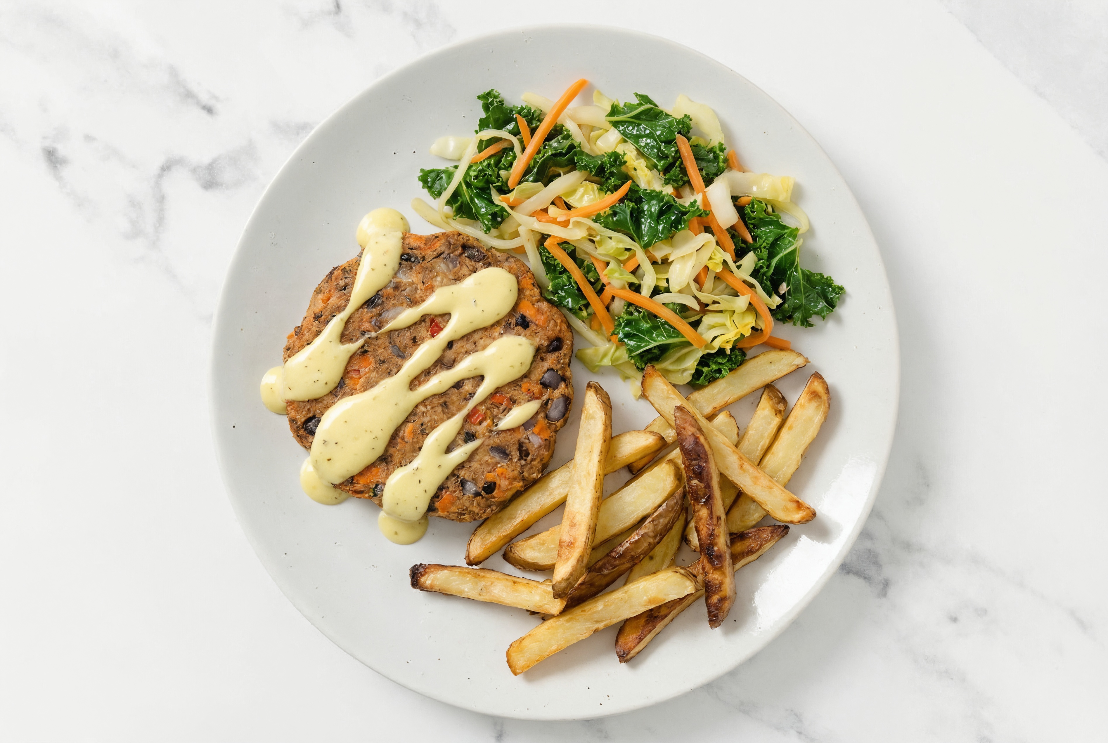 Veggie Black Bean Burger Patties Plate with Sautéed Veggies + Baked Potato