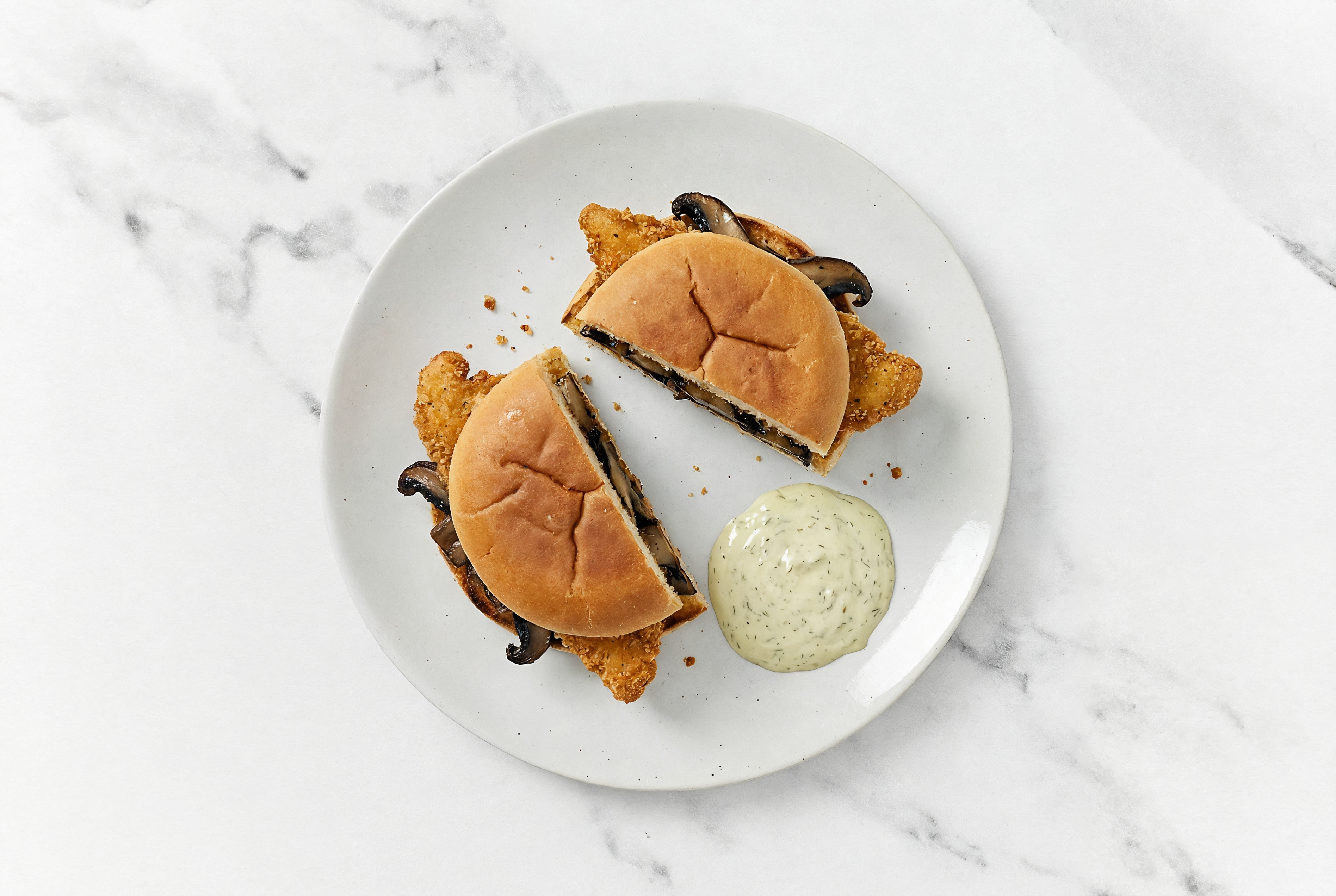 Dill Pickle "Chicken" Tenders Sandwich with Portabellas on Gluten-Free Buns