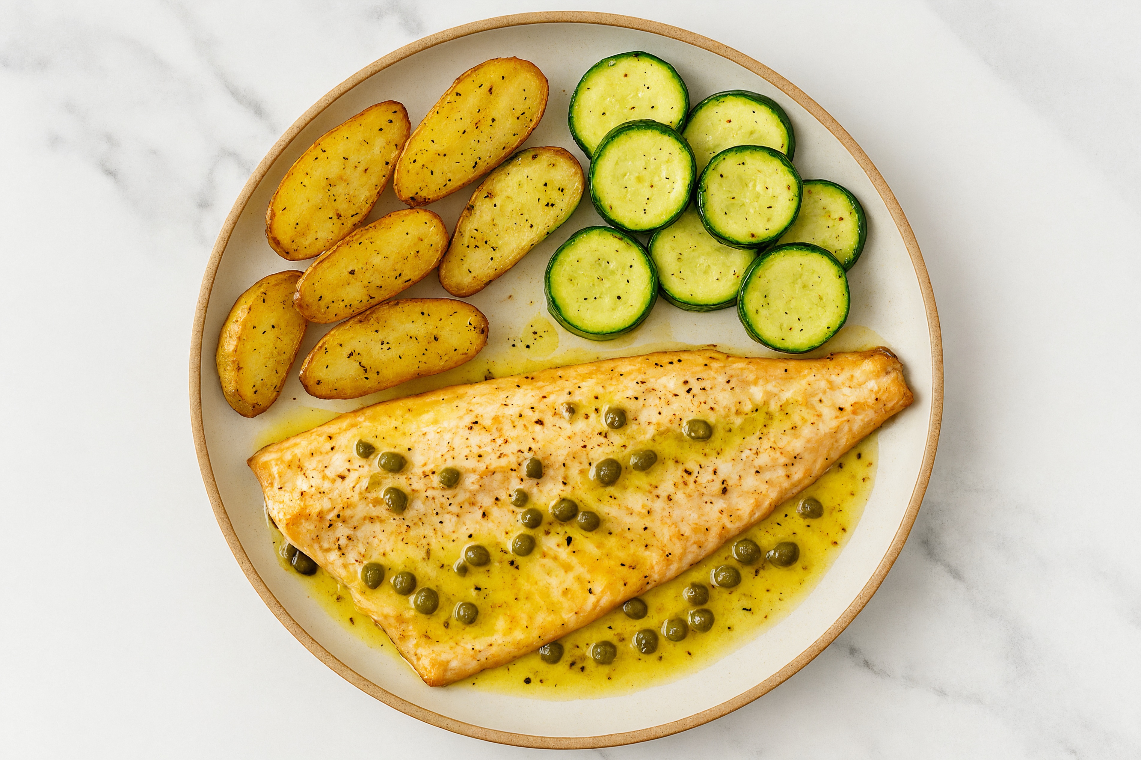 Caper-Butter Trout with Fingerling Potatoes & Zucchini