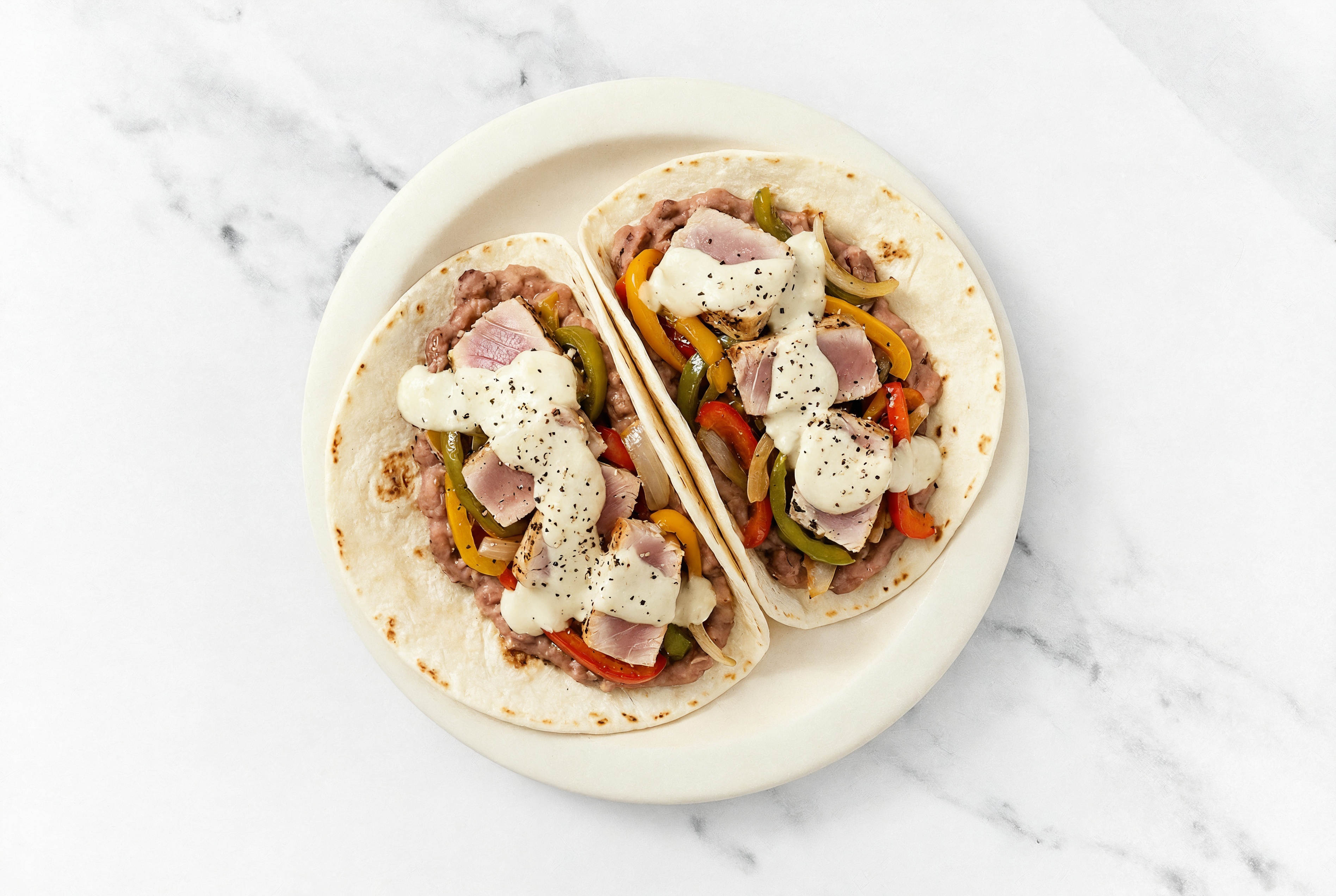  Refried Red Bean Tacos with Seared Tuna & Garlic Sauce