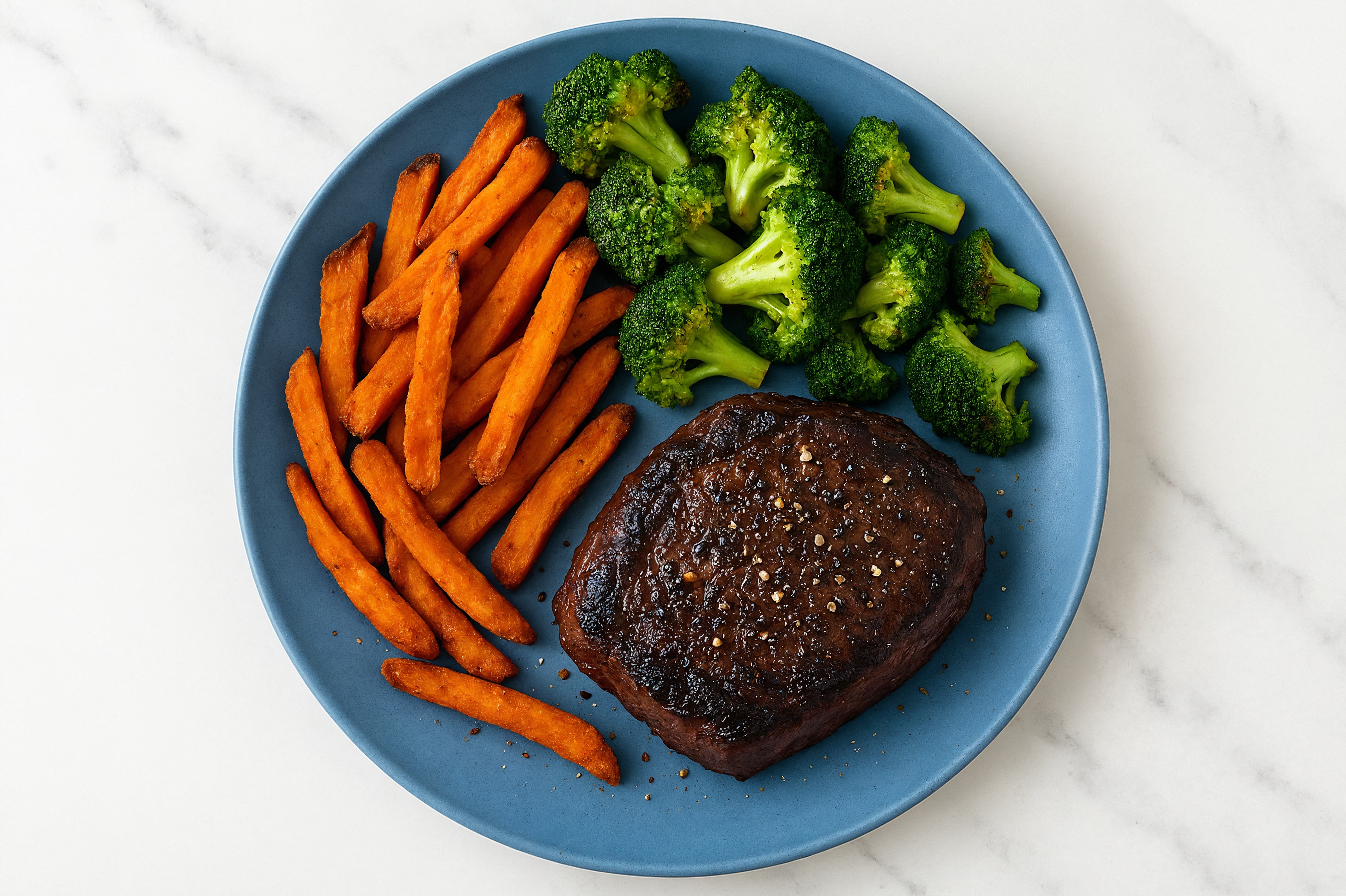 Hearty Wagyu Filet Mignon + Sweet Potato Fries with Broccoli Florets