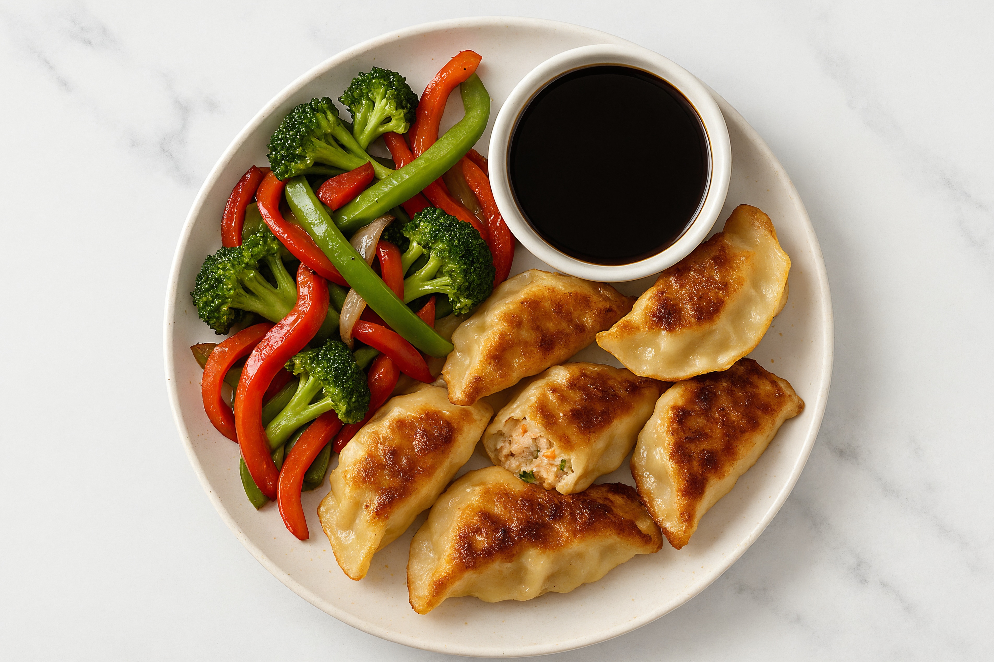 Fried Chicken Dumplings + Sticky Veggies