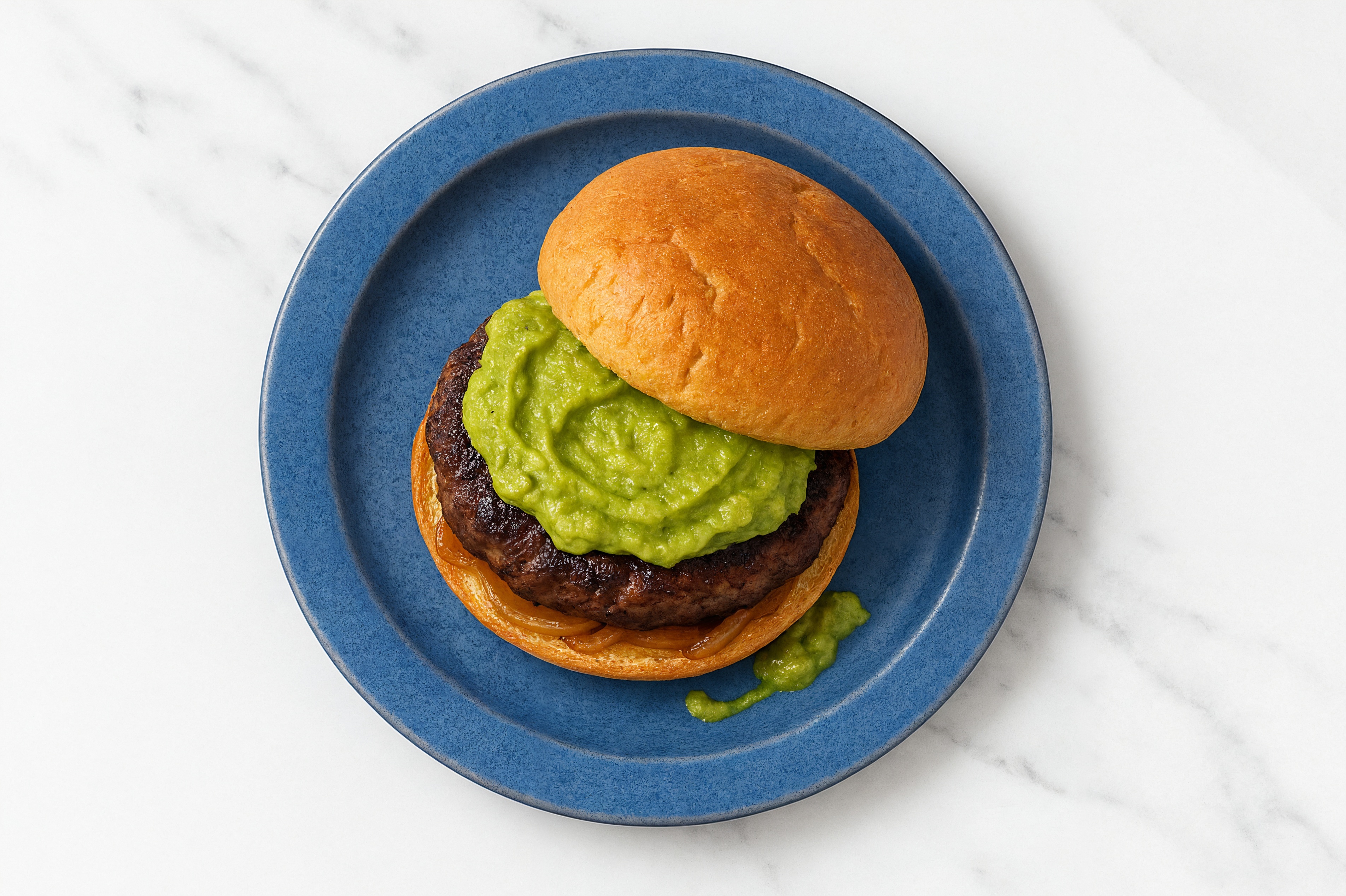 Caramelized Onion Beef Burger on GF Bun with Guacamole