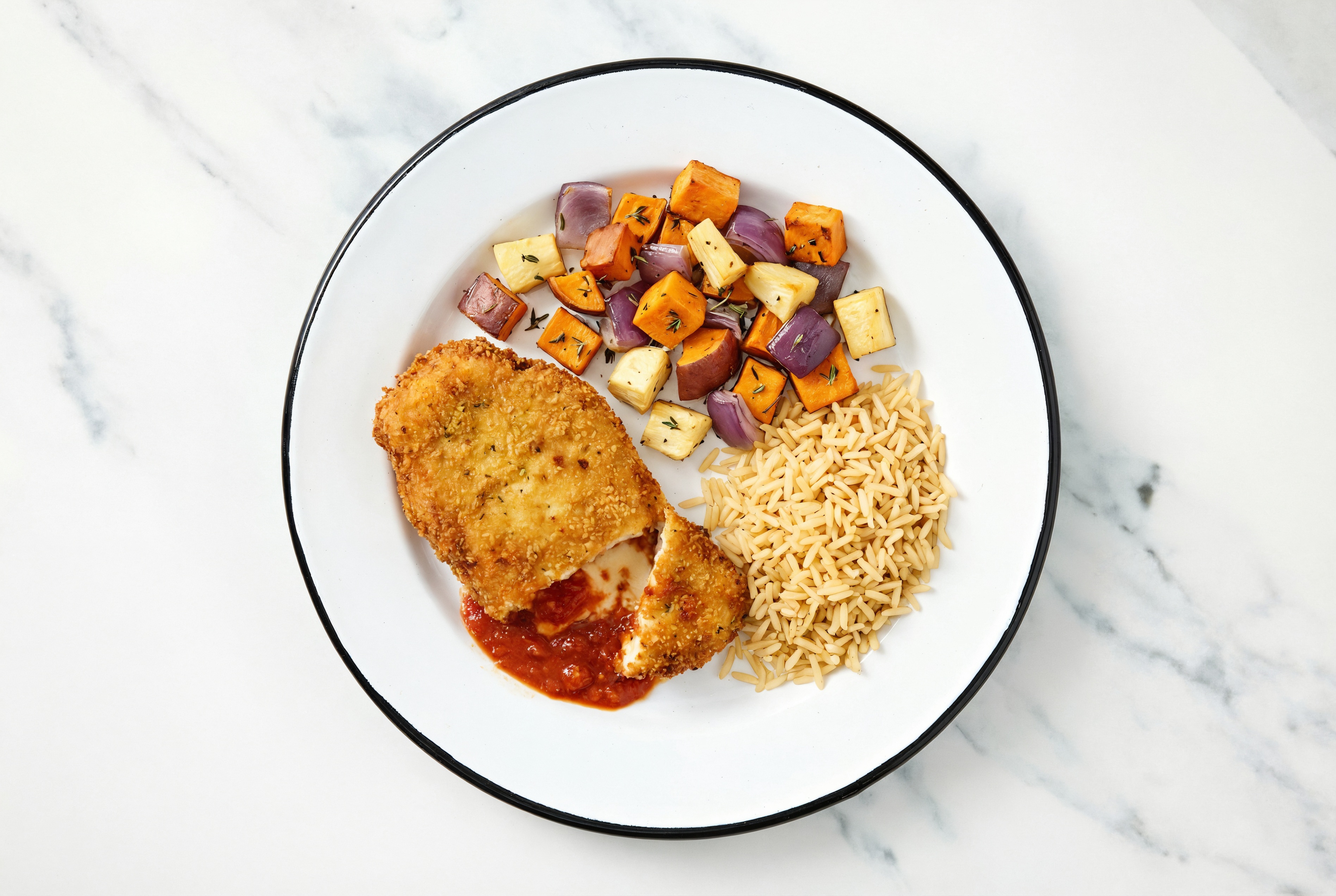 "Chicken" Parm with Roasting Veggies & Bone Broth Rice