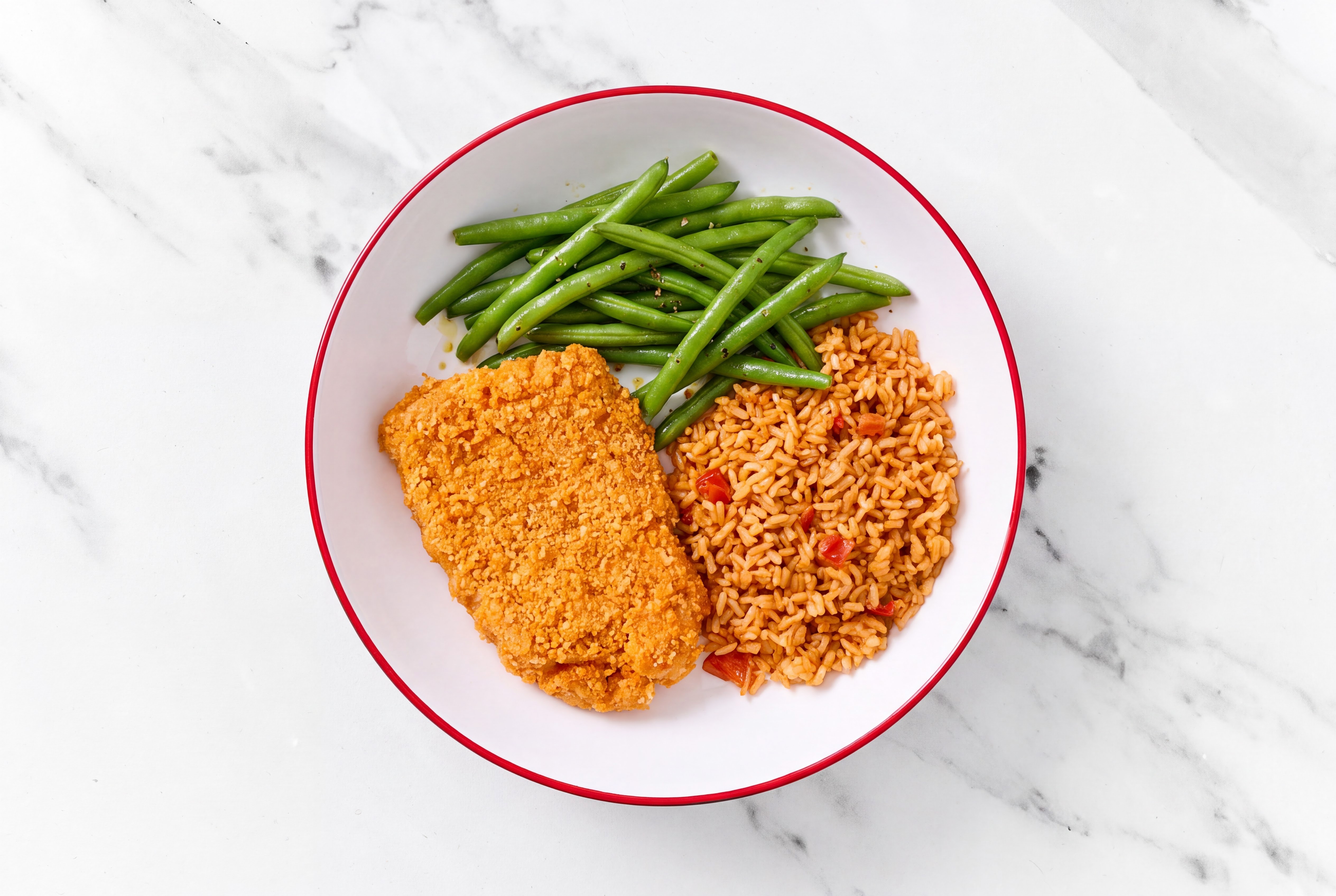 Hot Honey Breaded Chicken Cutlet with Green Beans & Mexican Rice