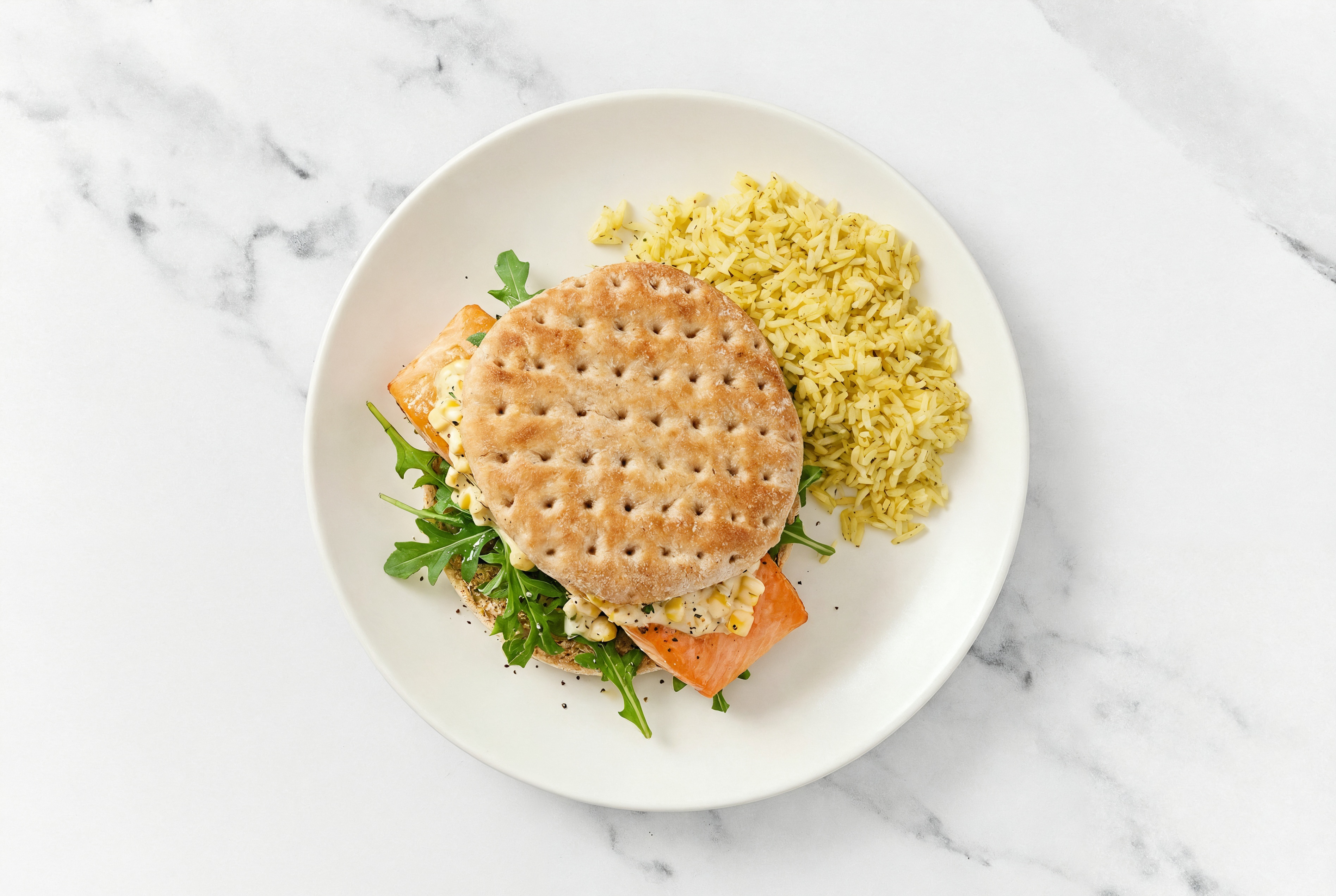 Street Corn Salmon Sandwich on Multigrain with Arugula + Jasmine Rice