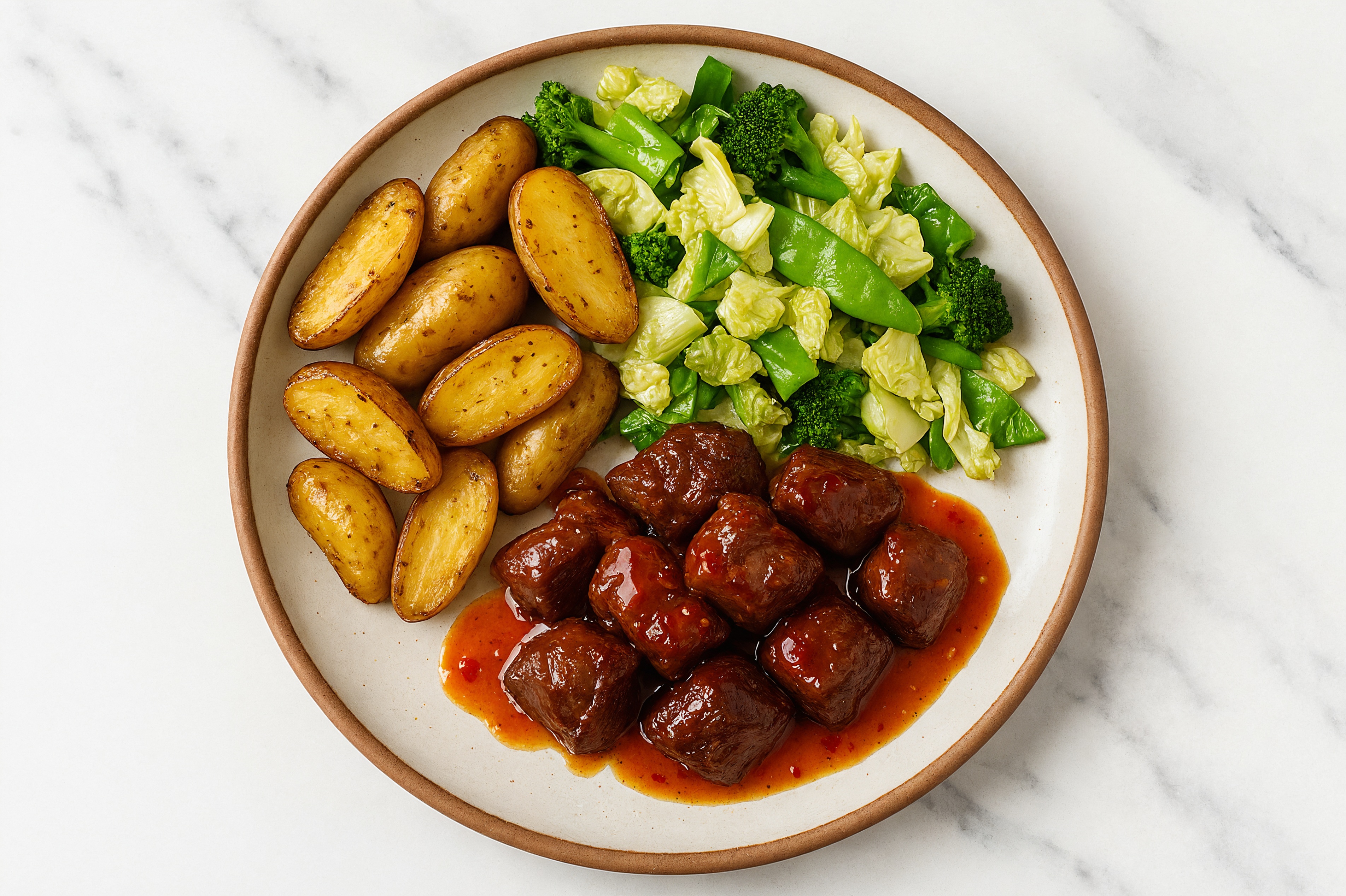 Fingerling Potatoes + Bok Choy with Sweet Chili Lime Lamb Cubes