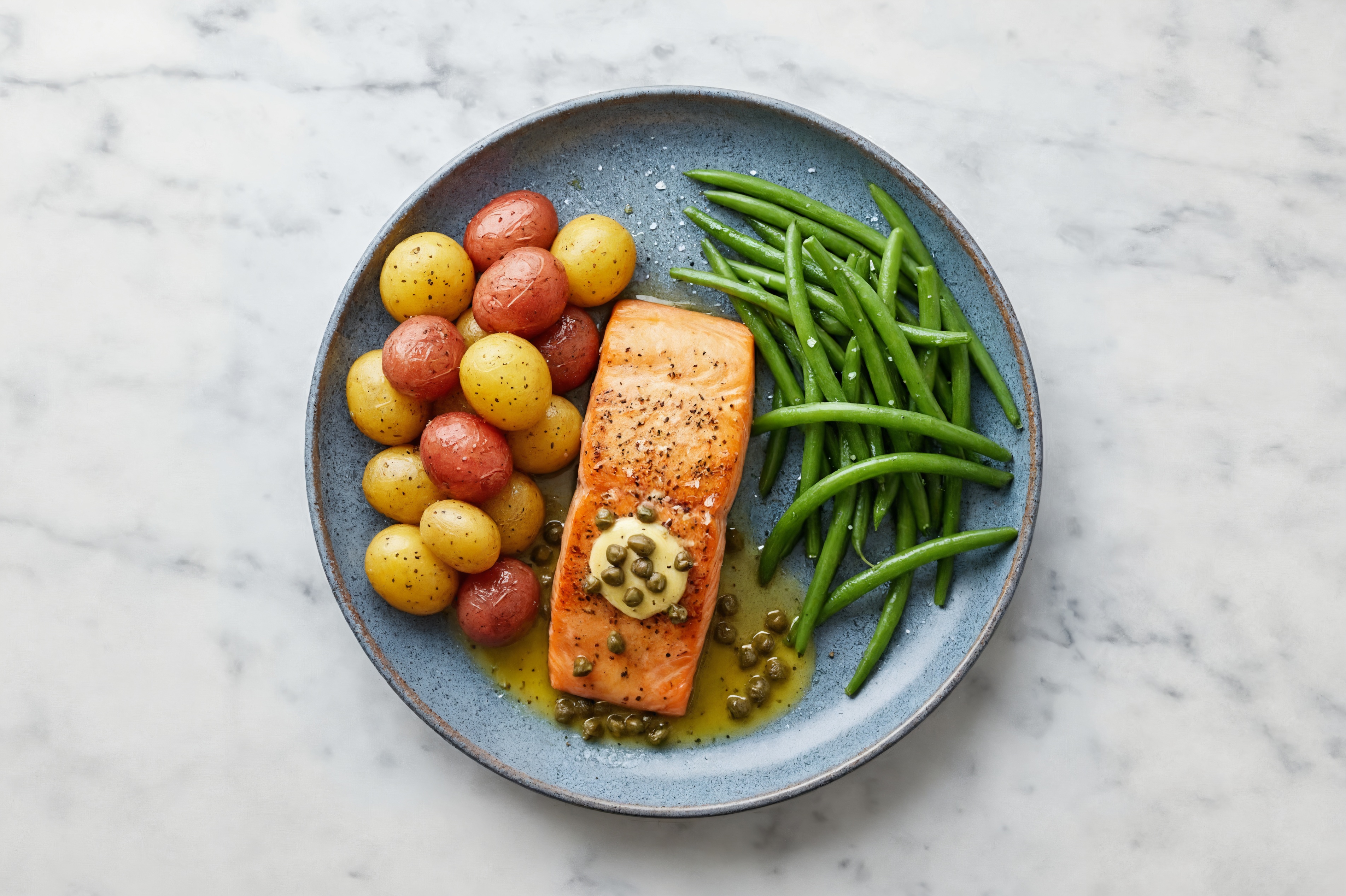 Caper-Slow Churned Pasture Butter Salmon with Creamer Potatoes & Green Beans