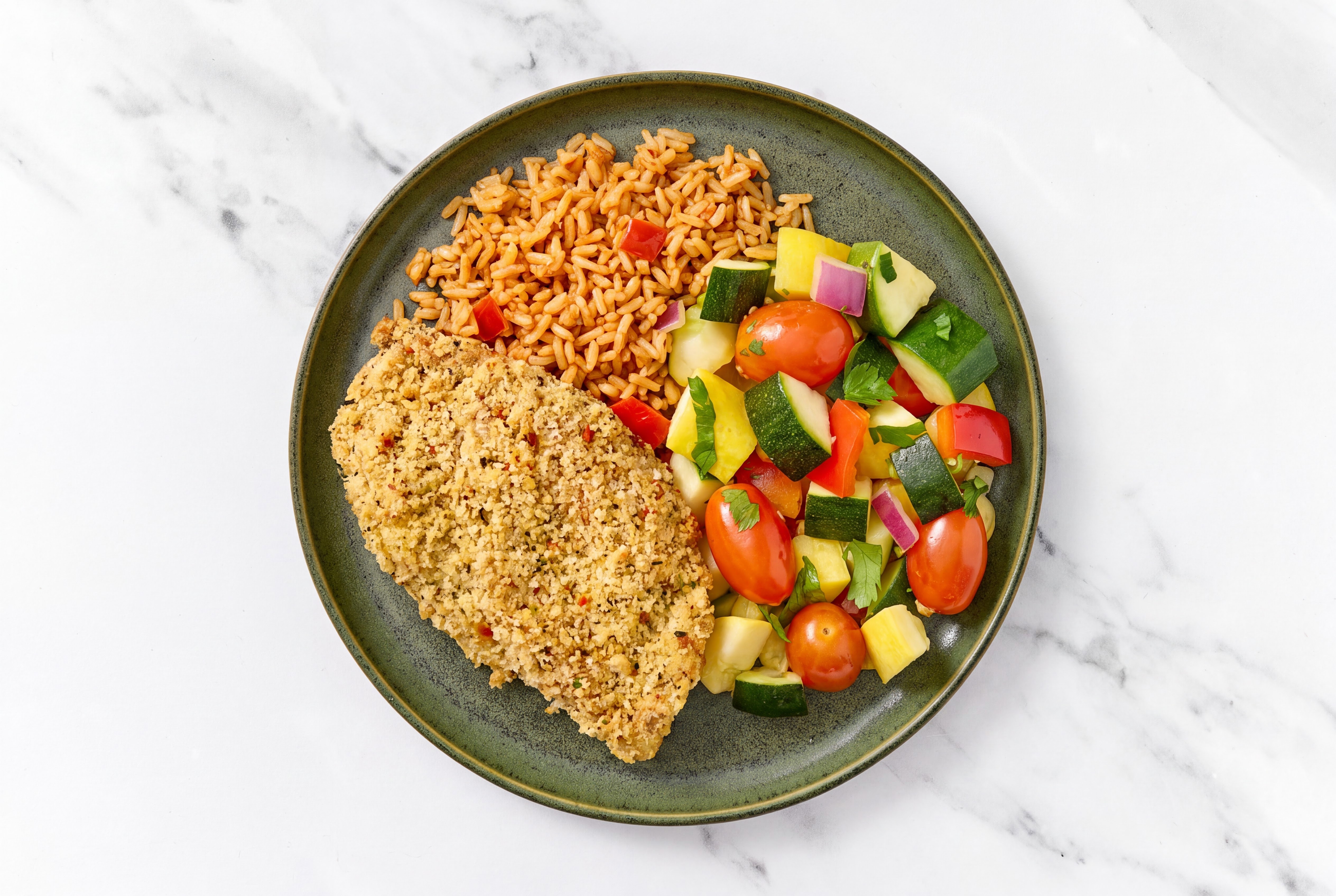 Parmesan Breaded Chicken Cutlet with Squash Skillet & Mexican Rice