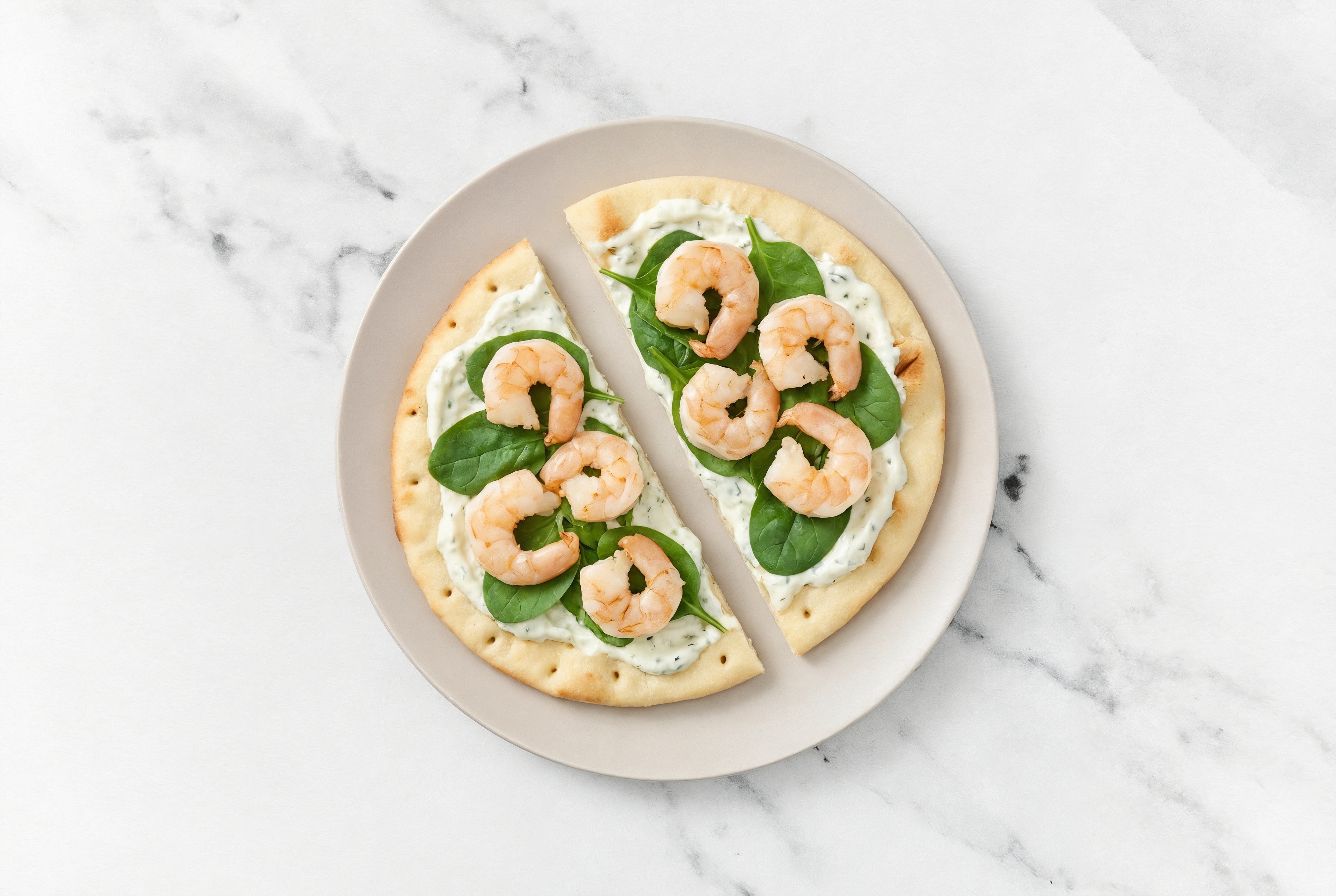 Herby Mediterranean Inspired Jumbo Shrimp Flatbread with Dairy-Free Tzatziki