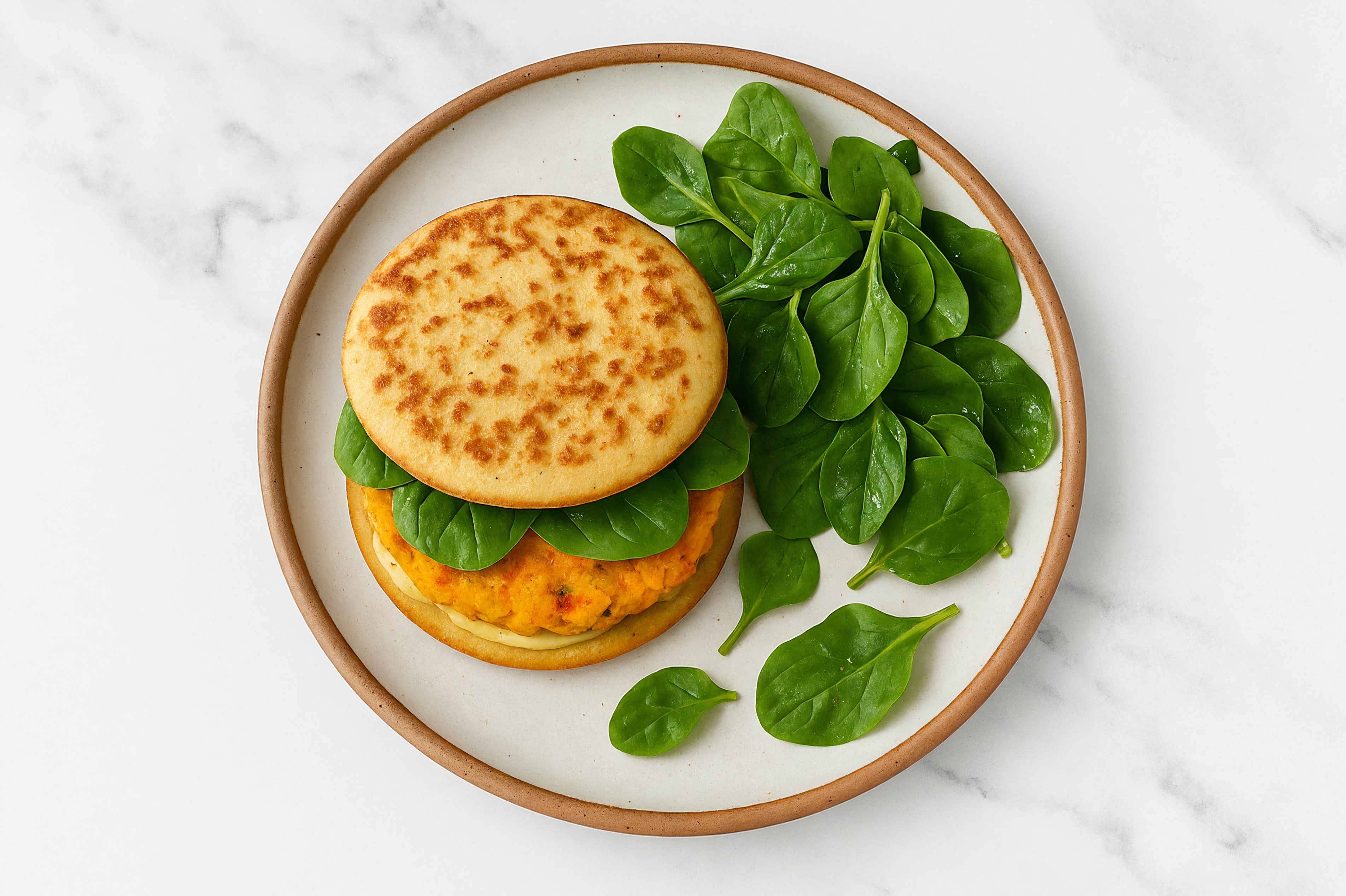 Low-Carb Honey Mustard Sweet Potato Veggie Burger with Baby Spinach