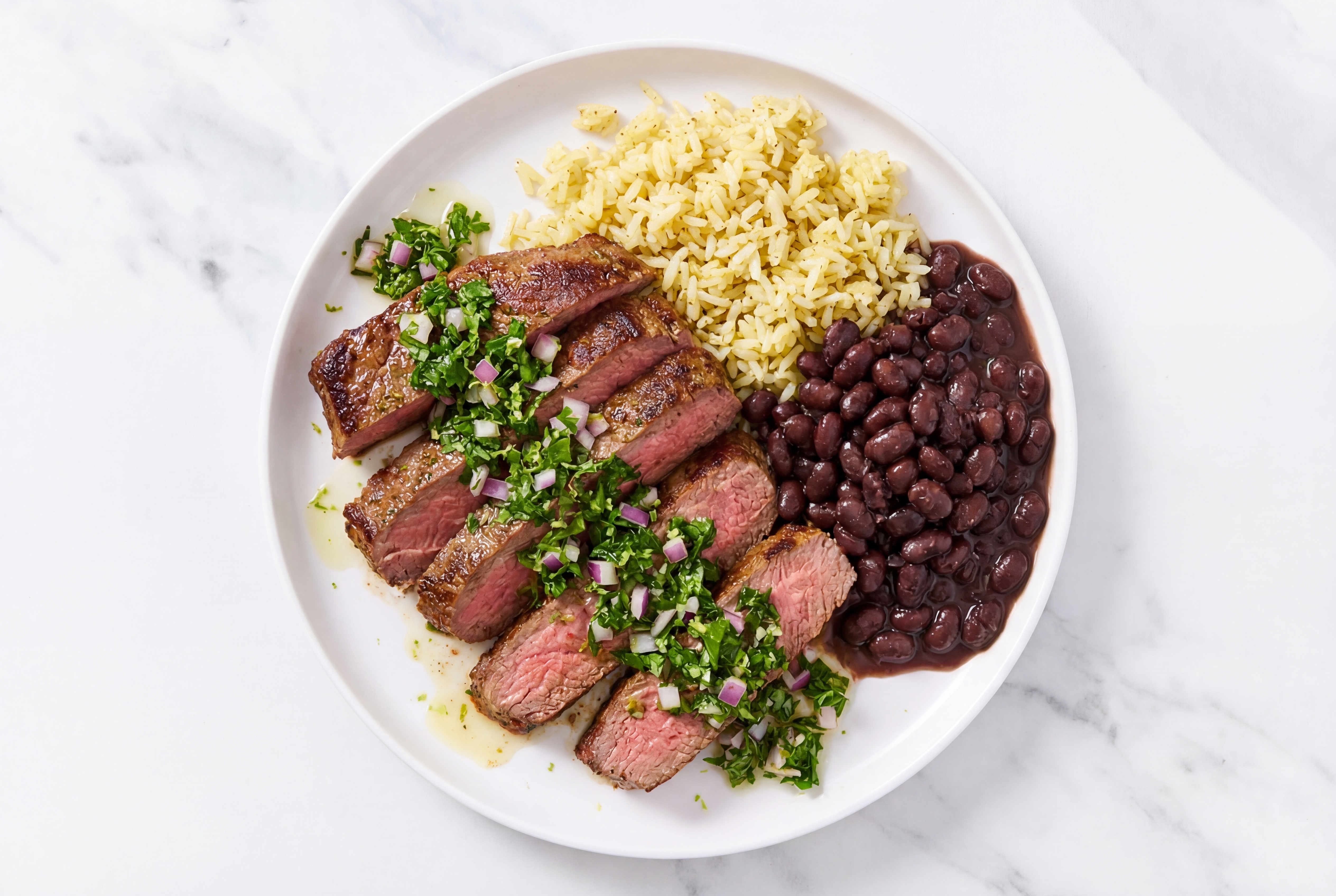 Adobo Marinated Flank Steak with Salsa Verde + Simmered Cuban Black Beans