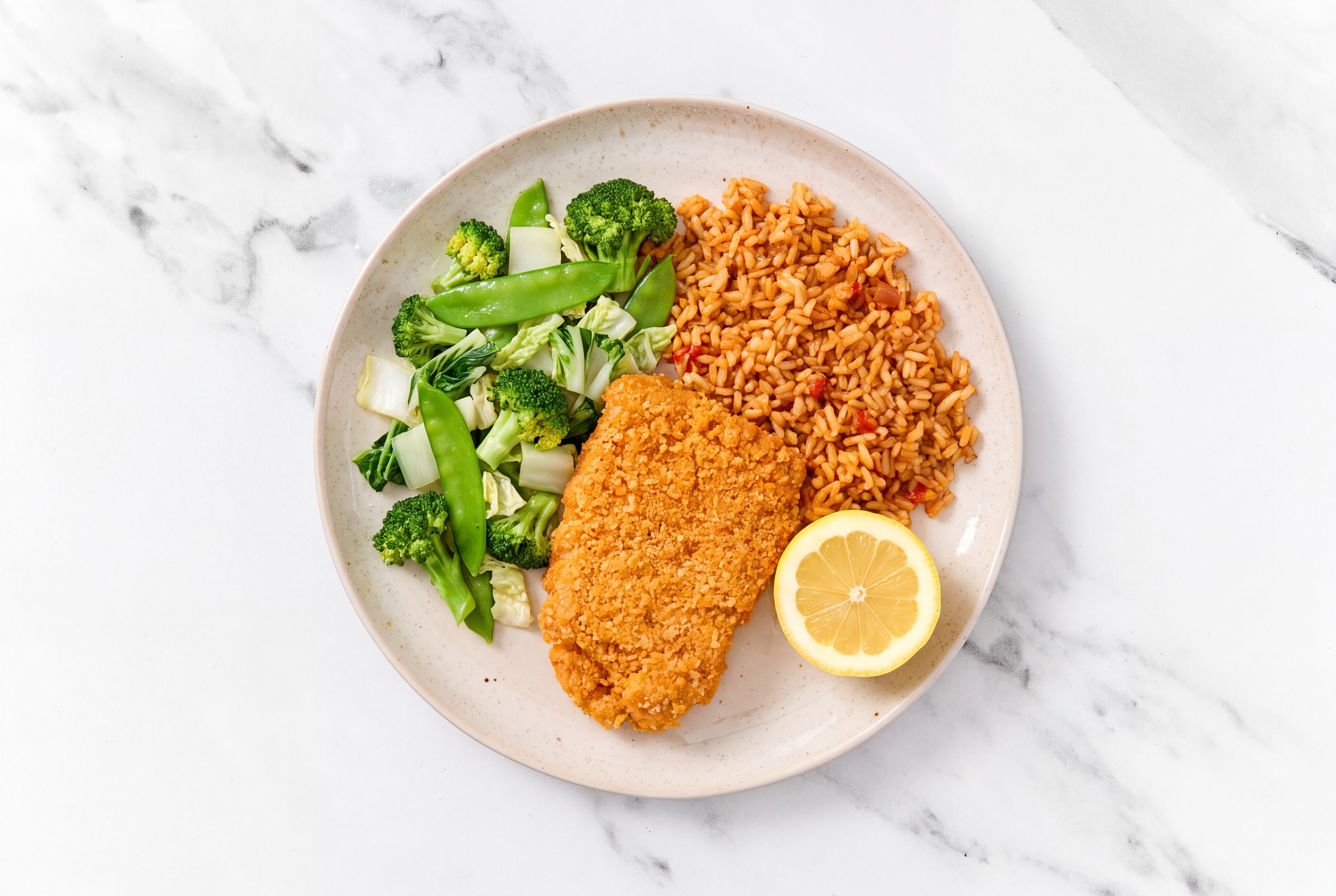 Lemon Hot Honey Breaded Chicken Cutlet with Bok Choy & Mexican Rice