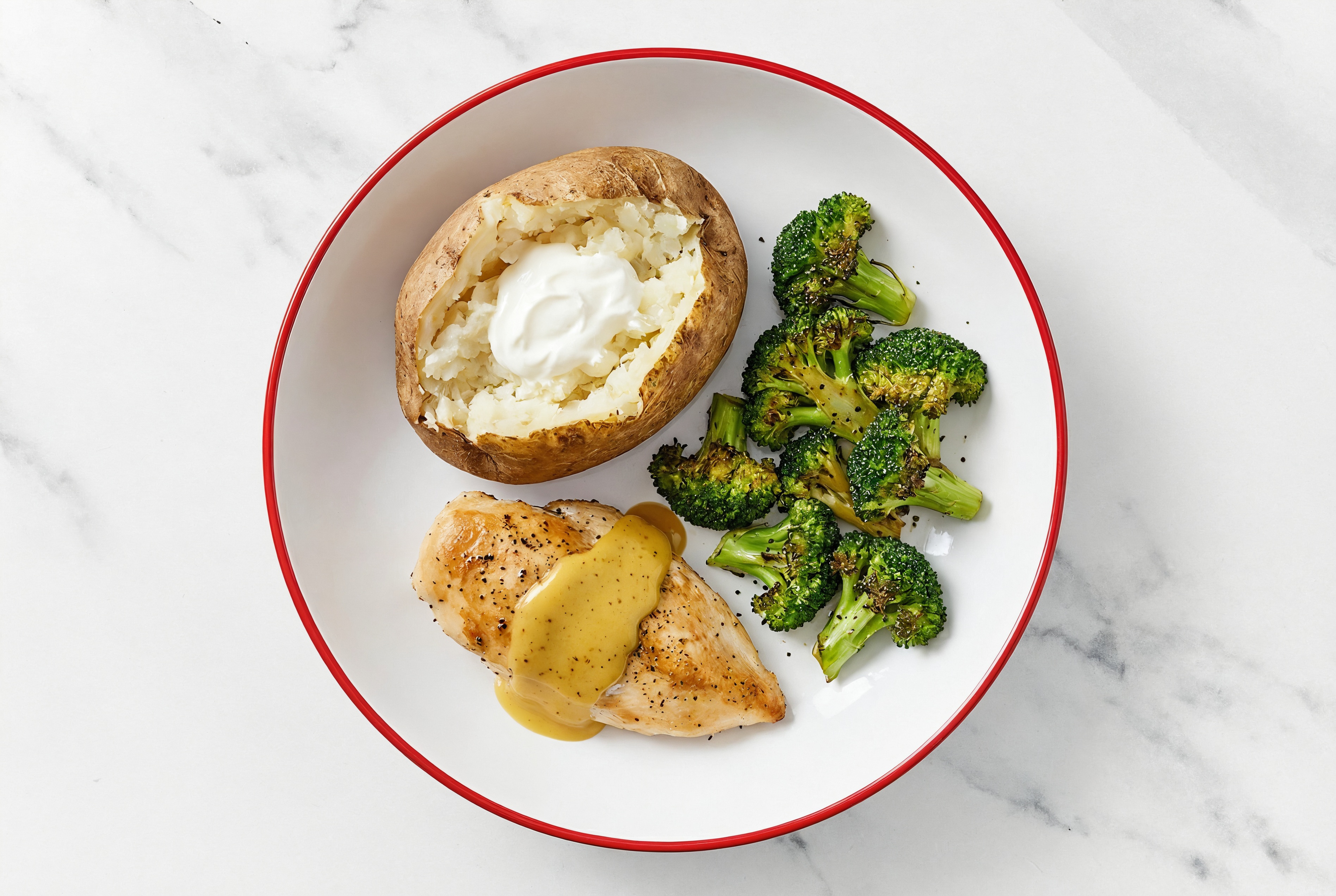 Herby Honey Mustard Chicken Breasts + Baked Potatoes with Broccoli Florets