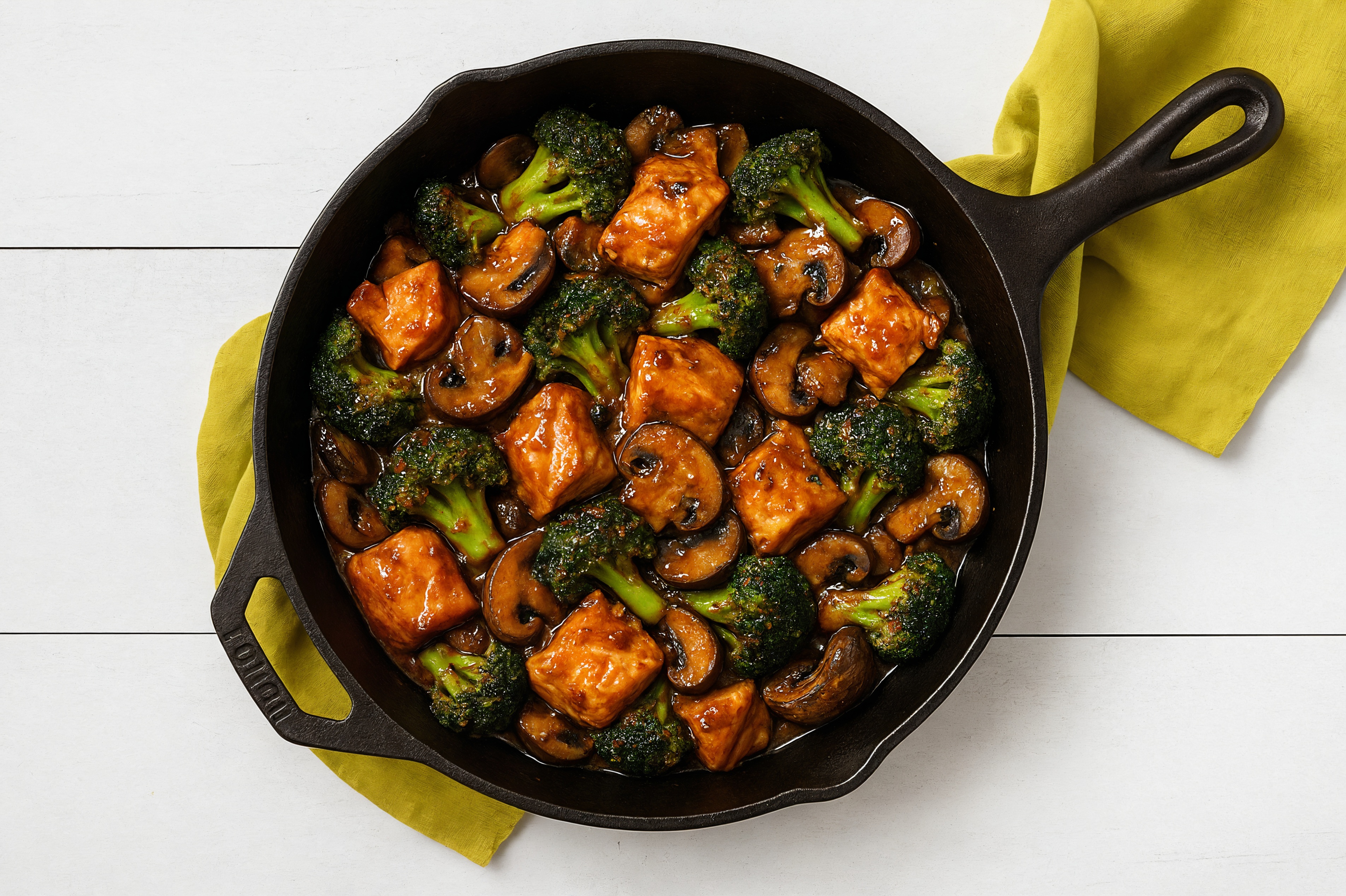 Gingery Salmon + Mushroom Stir-Fry with Broccoli Florets
