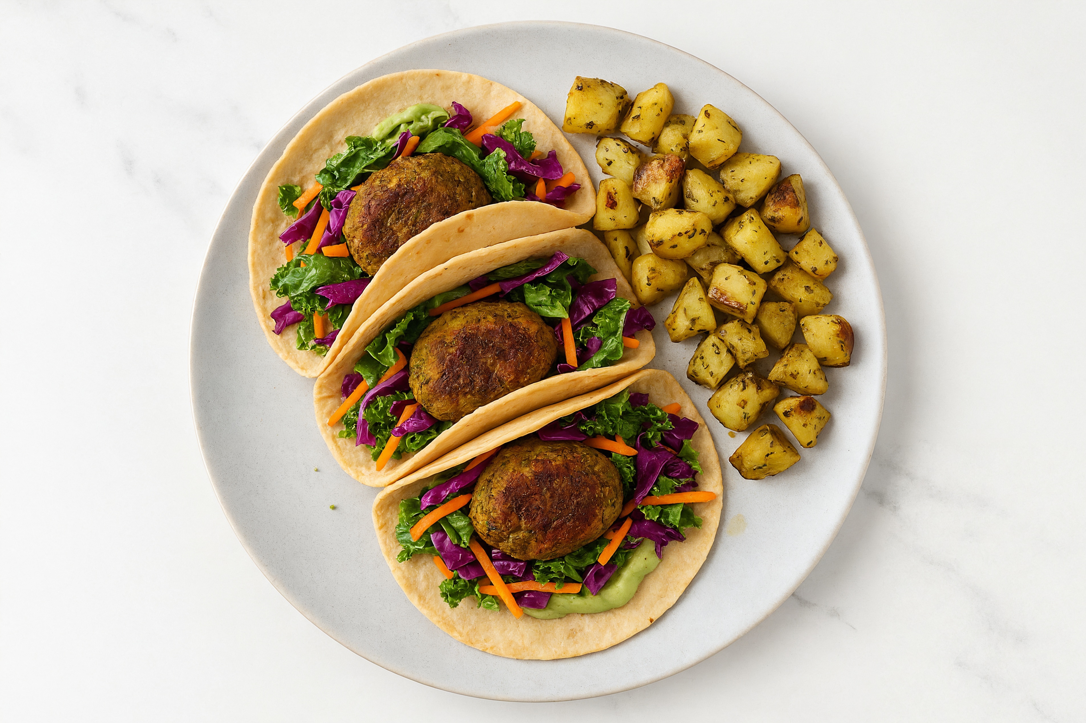 Rainbow Veggie Falafel Tacos with Pesto Aioli