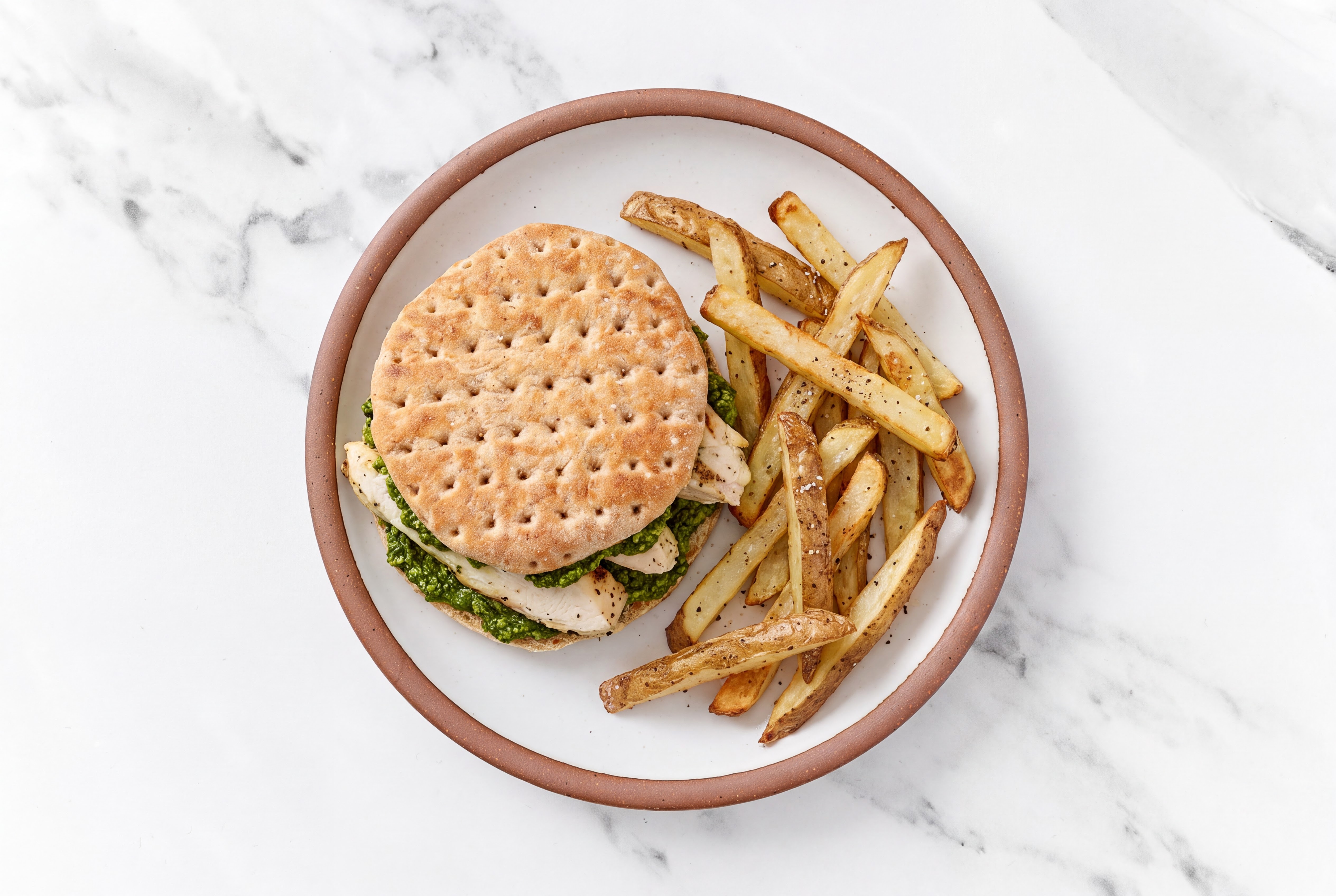 Grilled Kale Pesto Seasoned Chicken Breast Sandwich + Fries