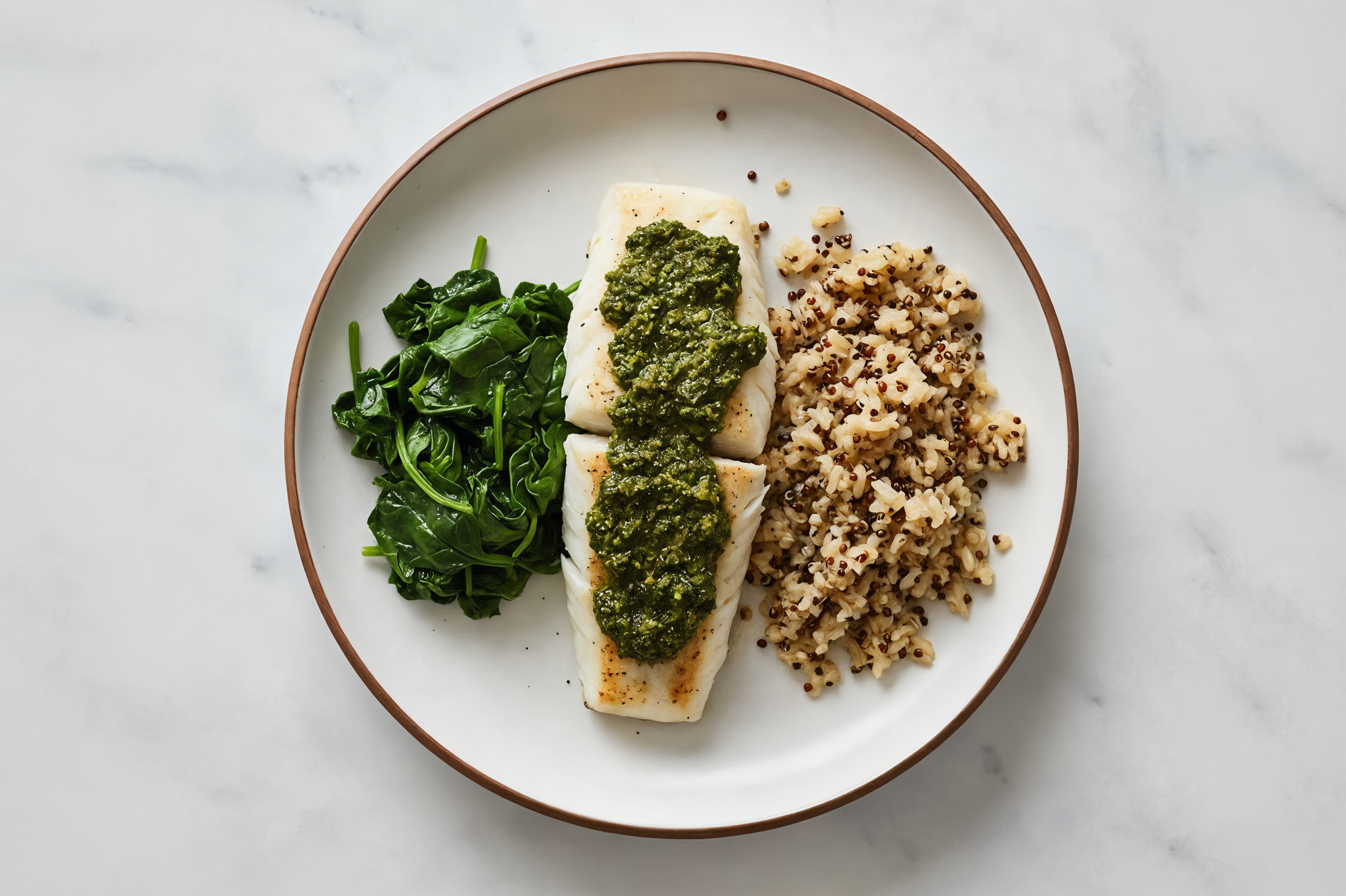 Pesto Baked Cod + Spinach over Rice