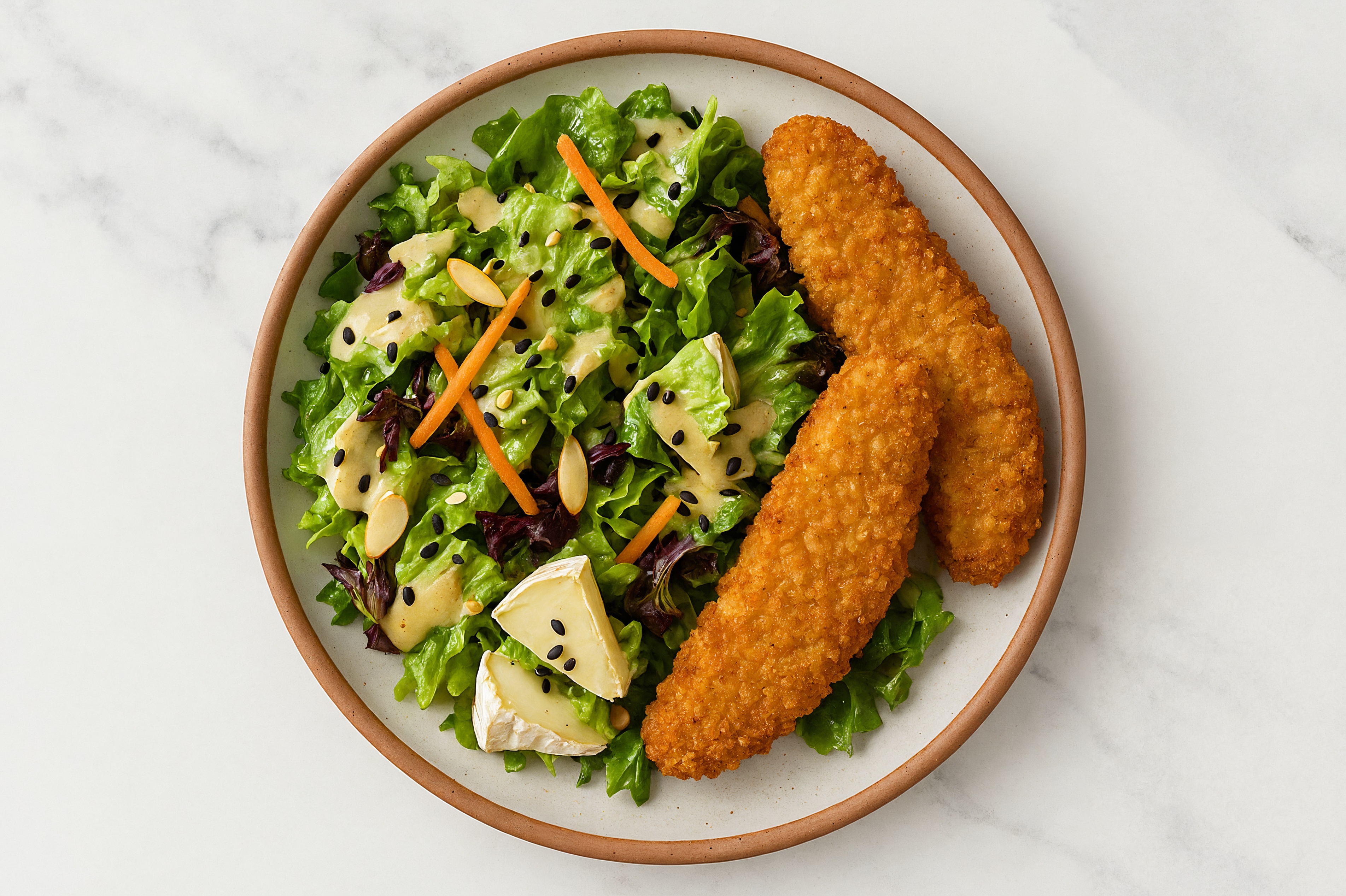 Little Gem Salad with Crispy "Chicken" + Brie