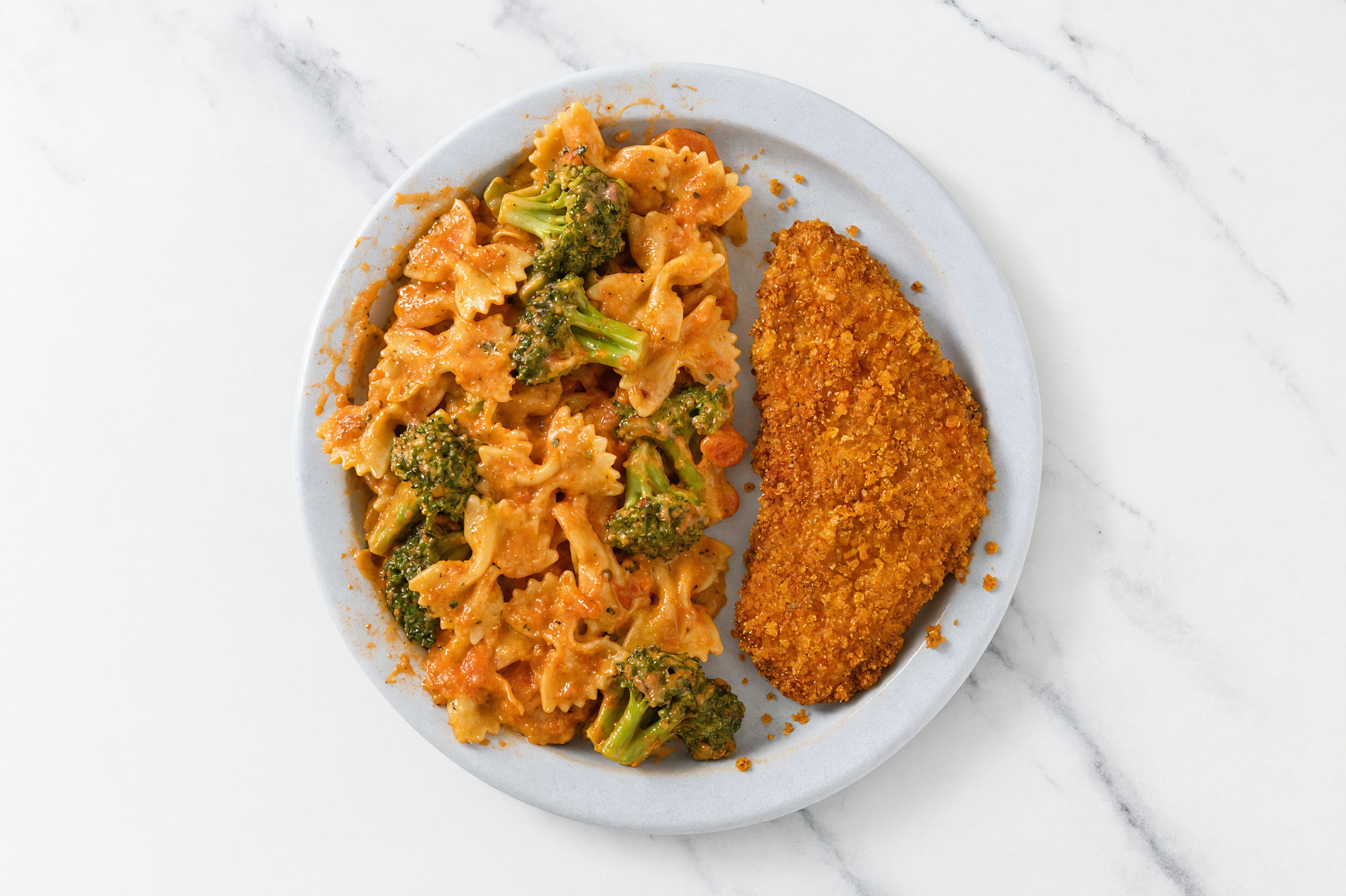 Crispy Hot Honey Chicken over Creamy Vodka Farfalle with Broccoli