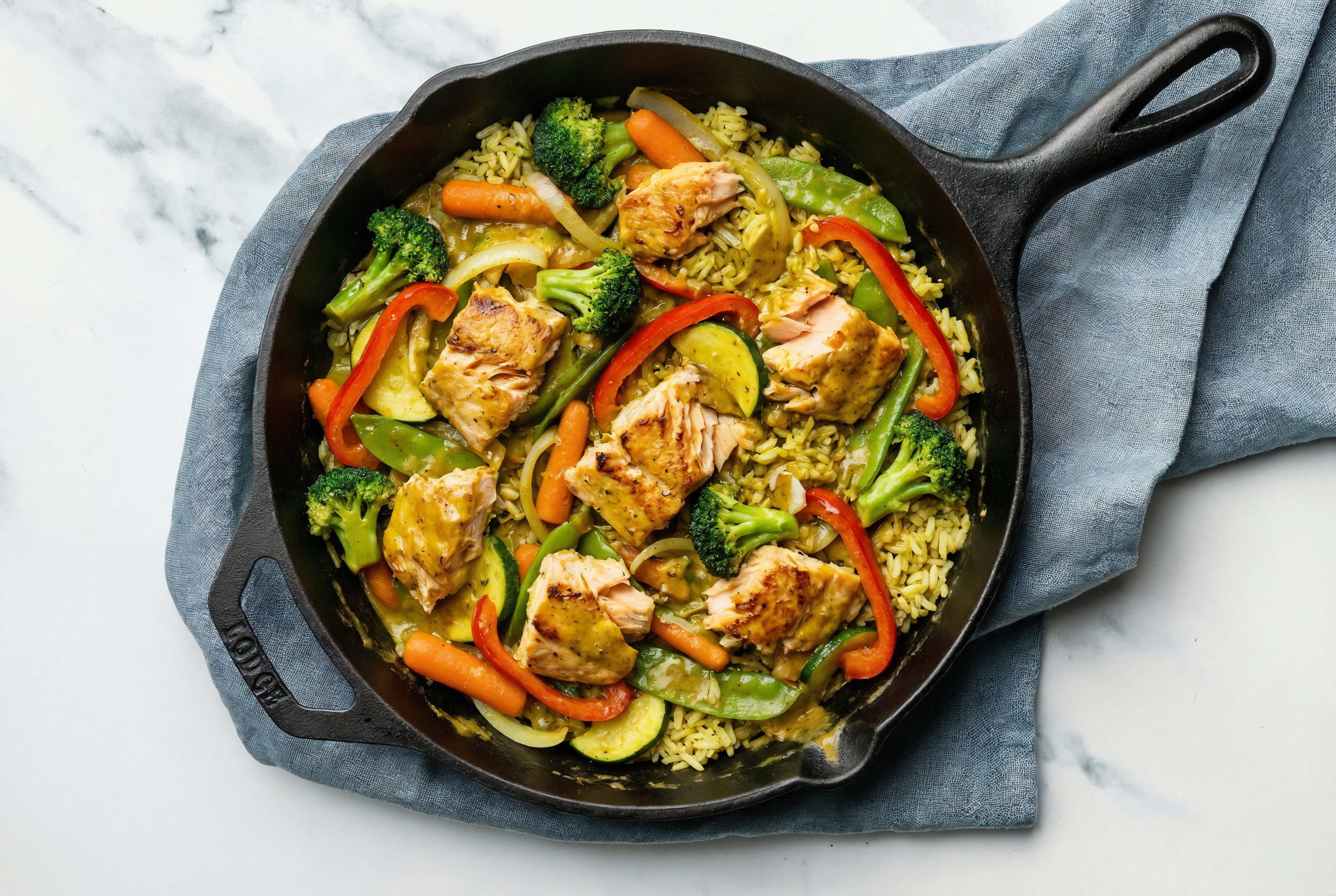 Coconut Curry Steelhead Trout Stir-Fry with Mixed Veggies over Jasmine Rice
