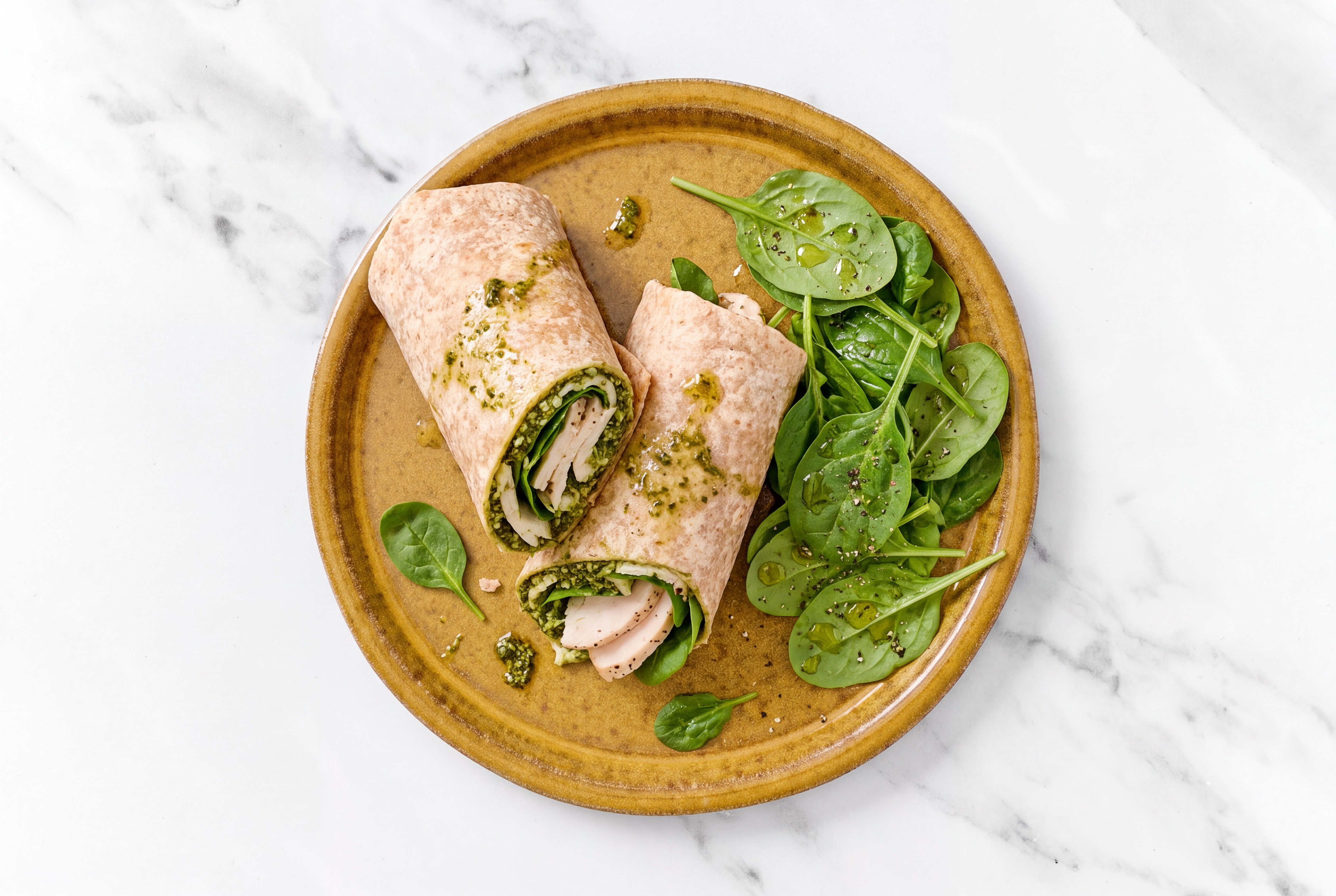 Herby Whole Grain Basil Pesto Chicken Wrap with Baby Spinach
