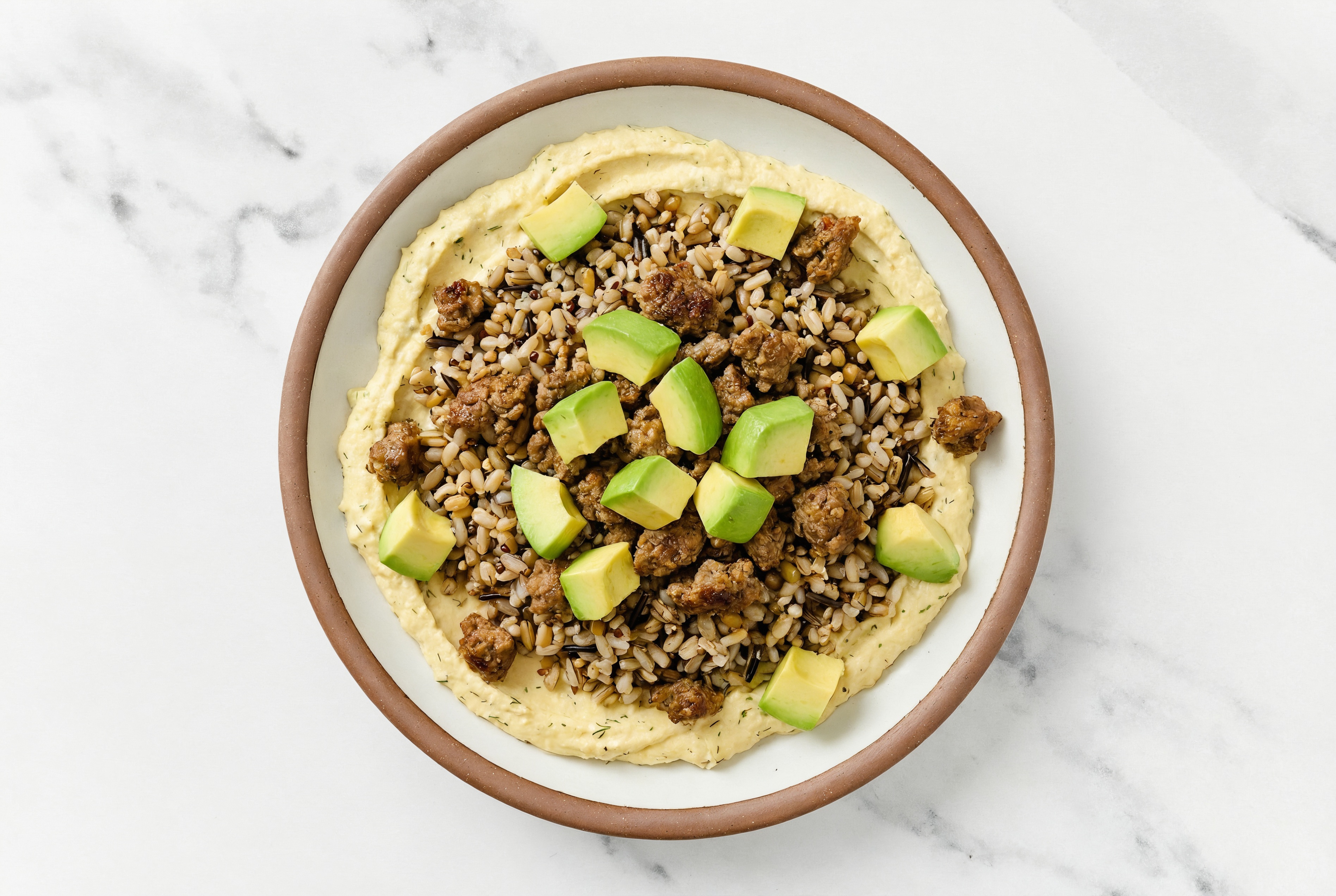 Ground Italian-Style Beef & Avocado Grain Bowl with Lemon Dill Hummus