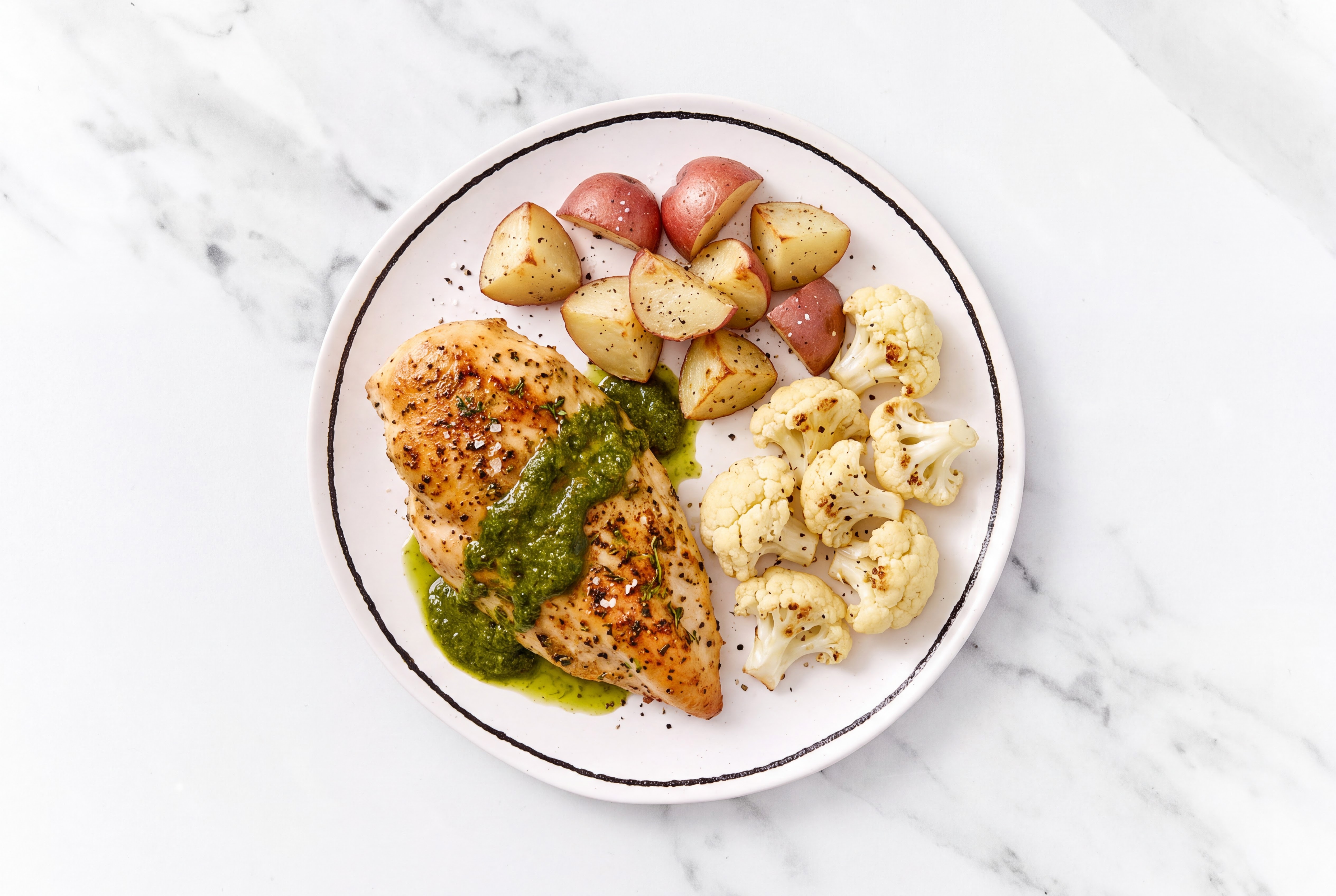 Blackened Chicken with Fingerling Red Potatoes + Cauliflower Florets