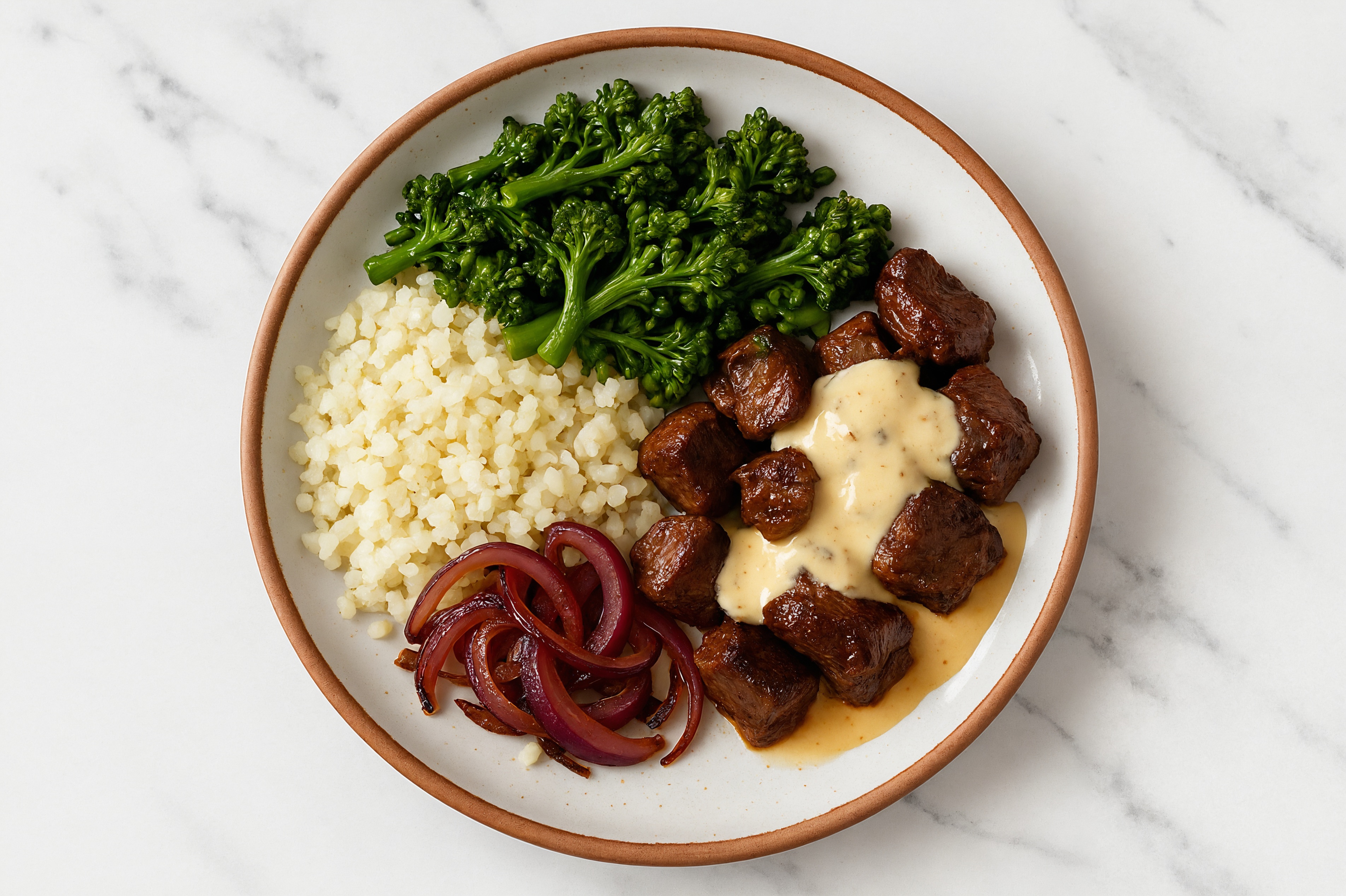 Seared Lamb with Rice + Baby Broccoli with Creamy Miso Dressing