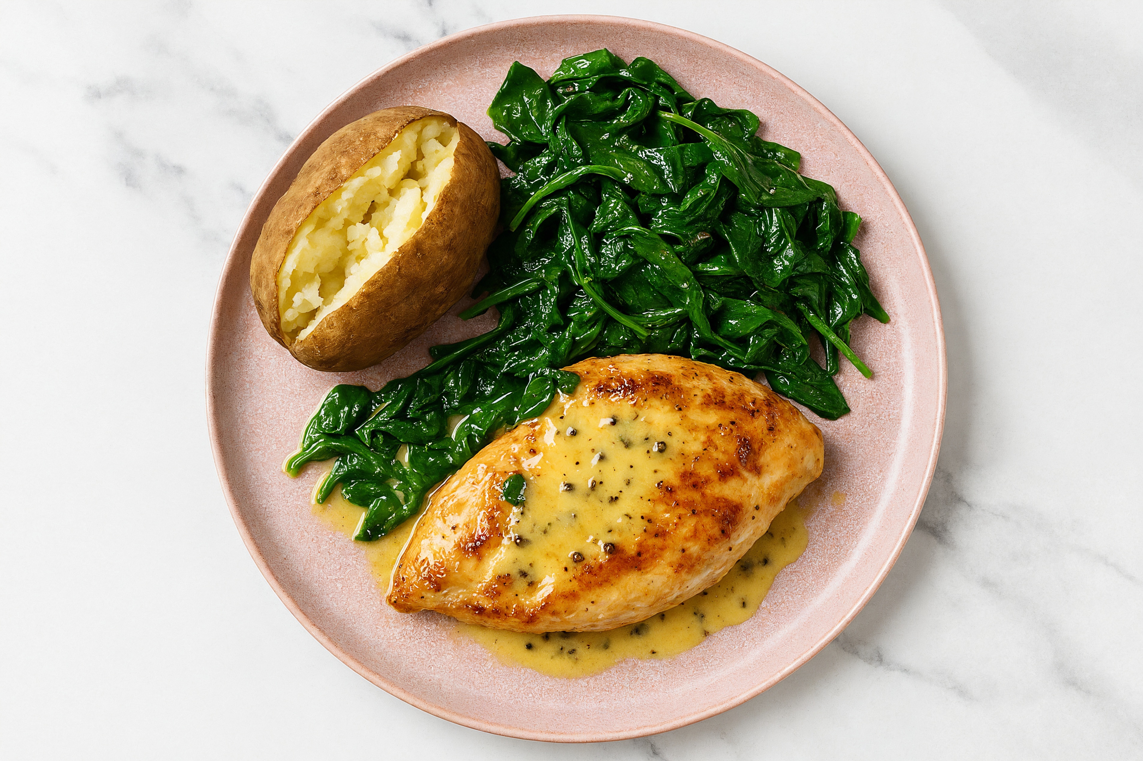 Lemon-Slow Churned & Peppercorn Pasture Butter Chicken Breast with Russet Potato & Spinach