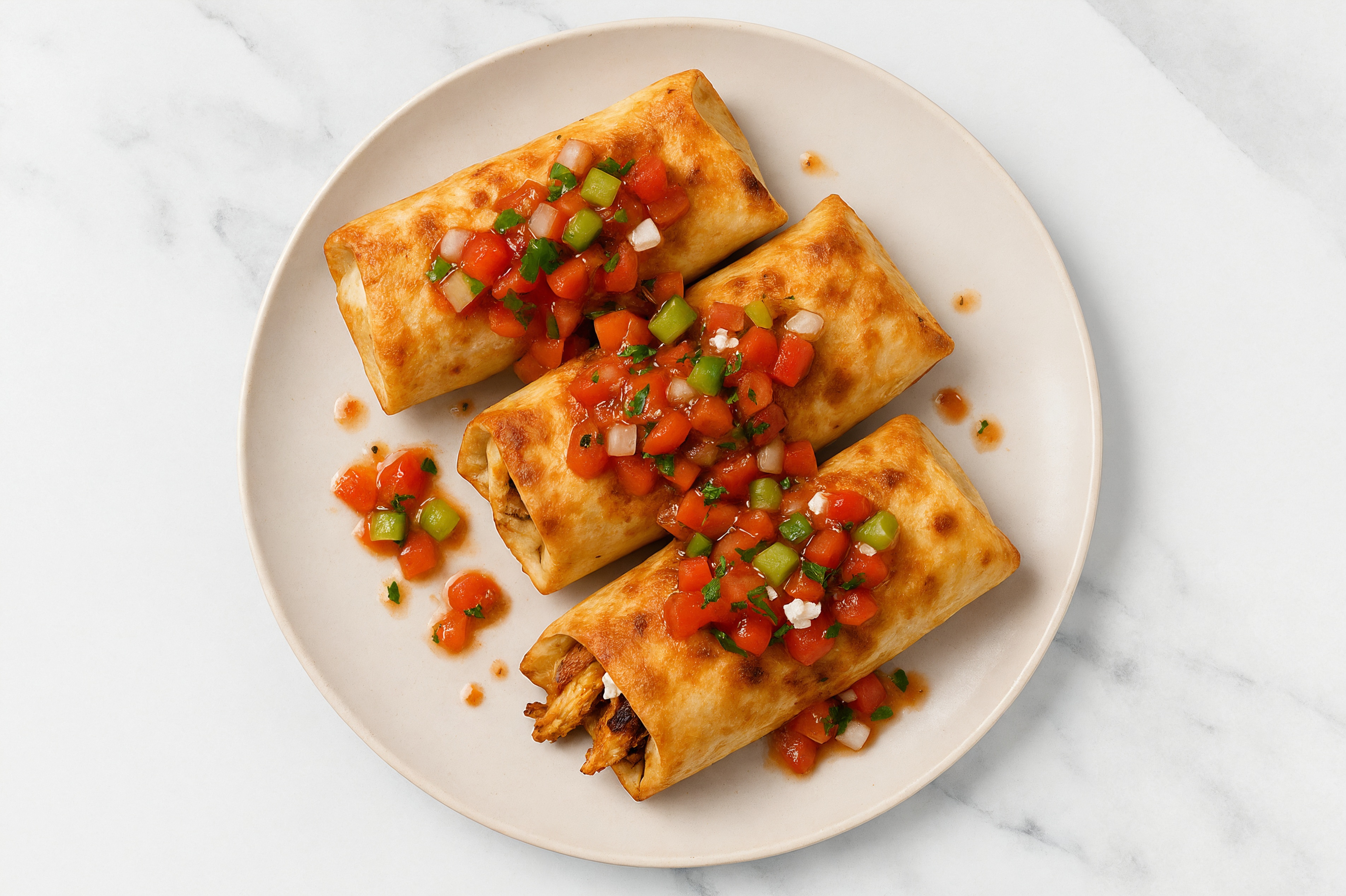 Spicy Mediterranean Mash-Up Chicken Chimichangas