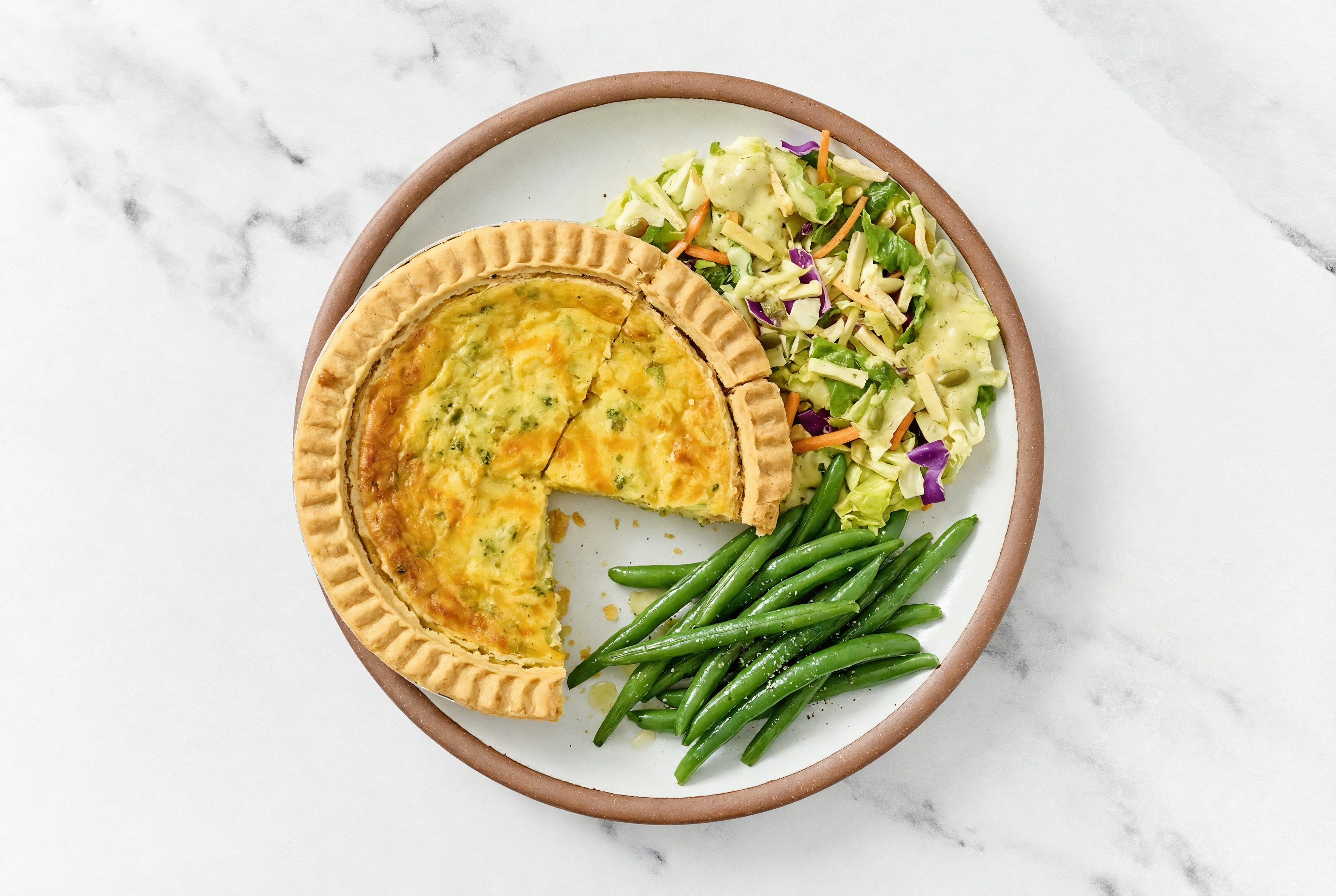 Broccoli & Cheddar Quiche with Green Beans & Goddess Salad