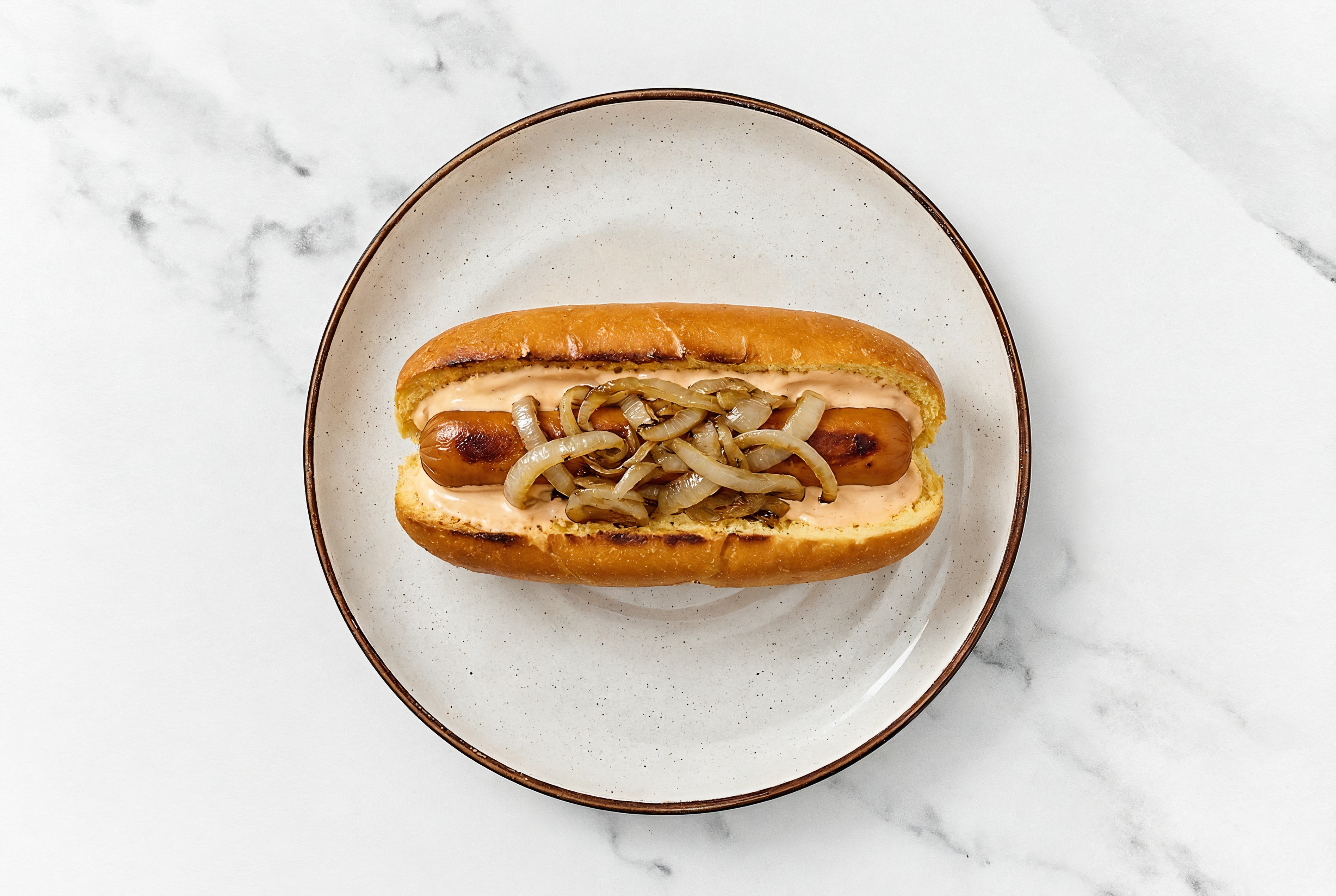 Carmelized Onion Smart Dog with Awesome Sauce on Brioche