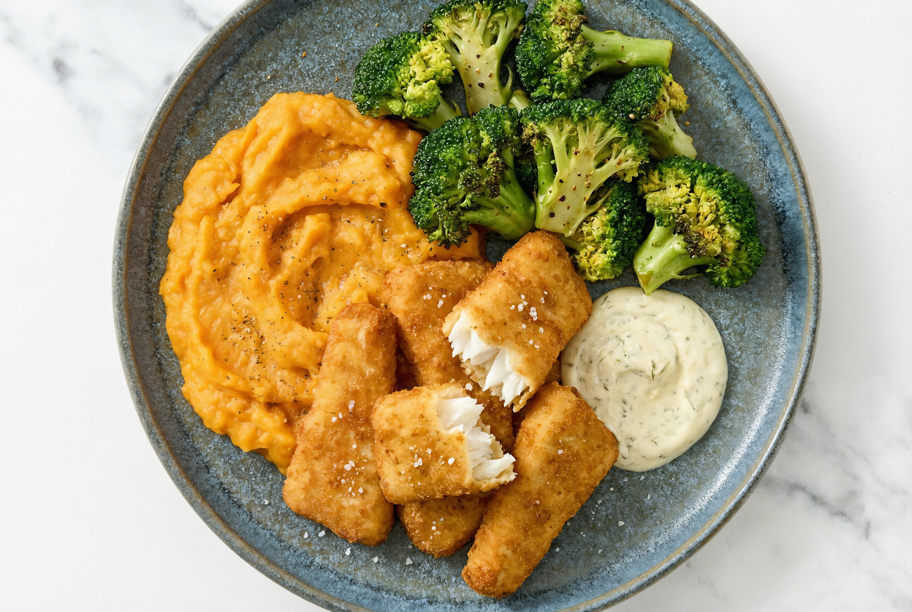  Dill Air Fryer Fish Nuggets + Sweet Potato Mash with Broccoli Florets