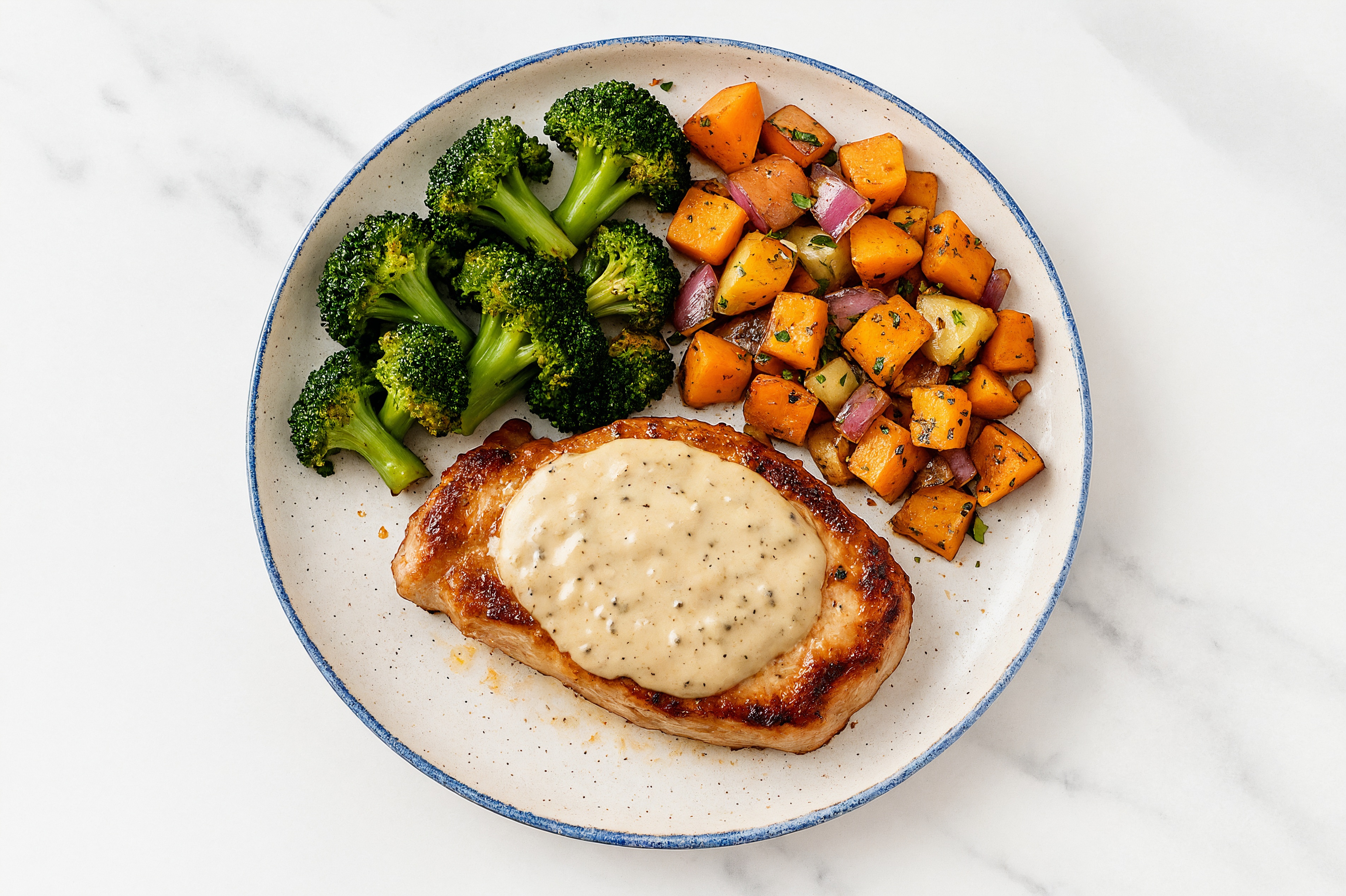 Creamy Truffle Smothered Pork Chops with Broccoli & Roasted Vegetables