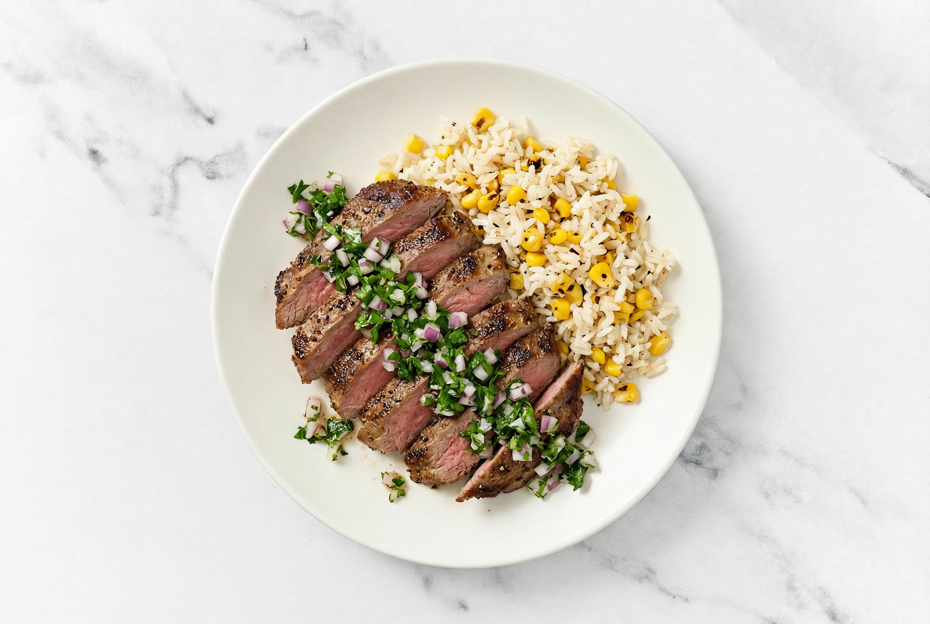  Pepper Garlic Rosemary Beef Flank Steak Salsa Verde +  Rice