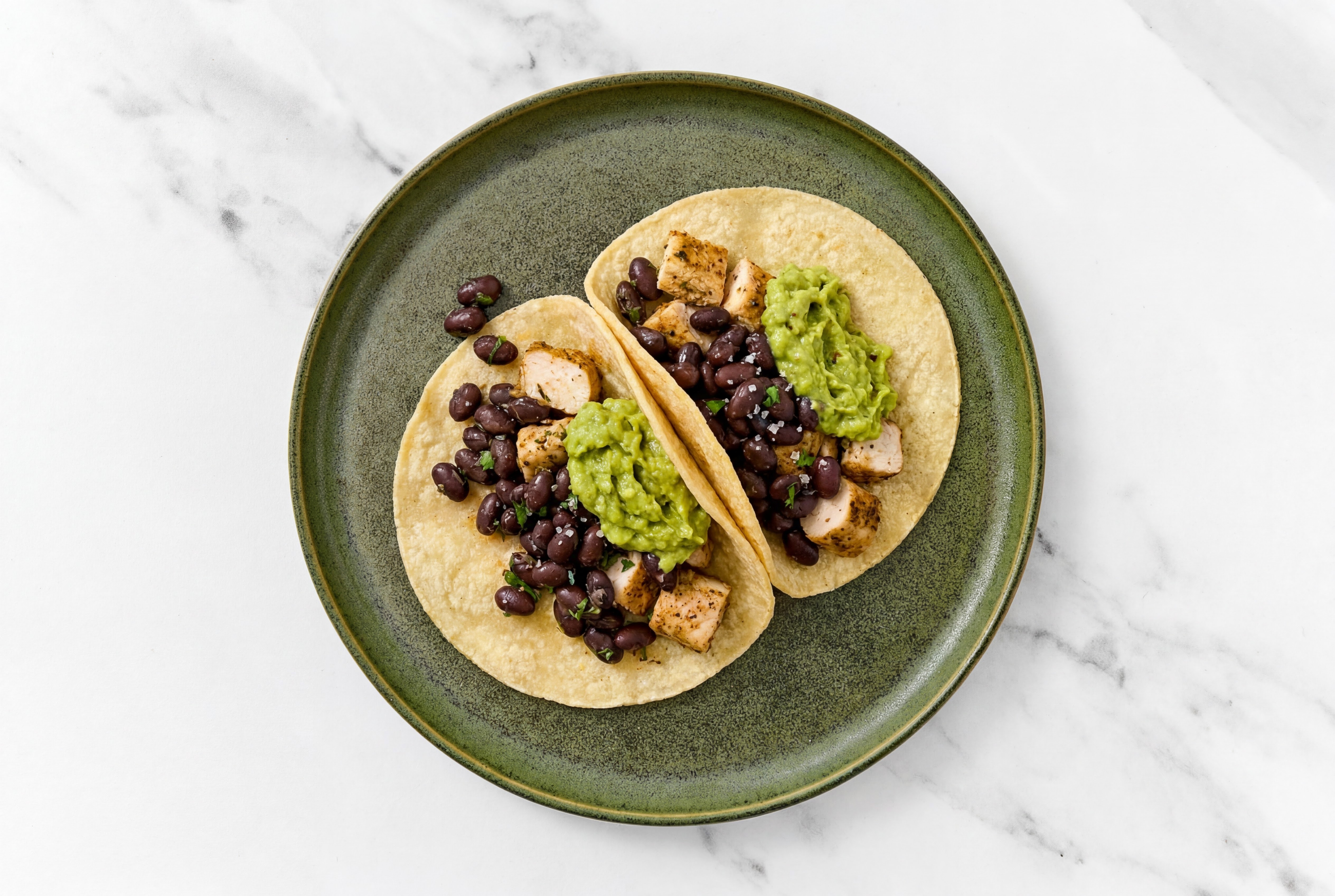 Garlic Chicken Tacos with Guacamole & Spiced Beans