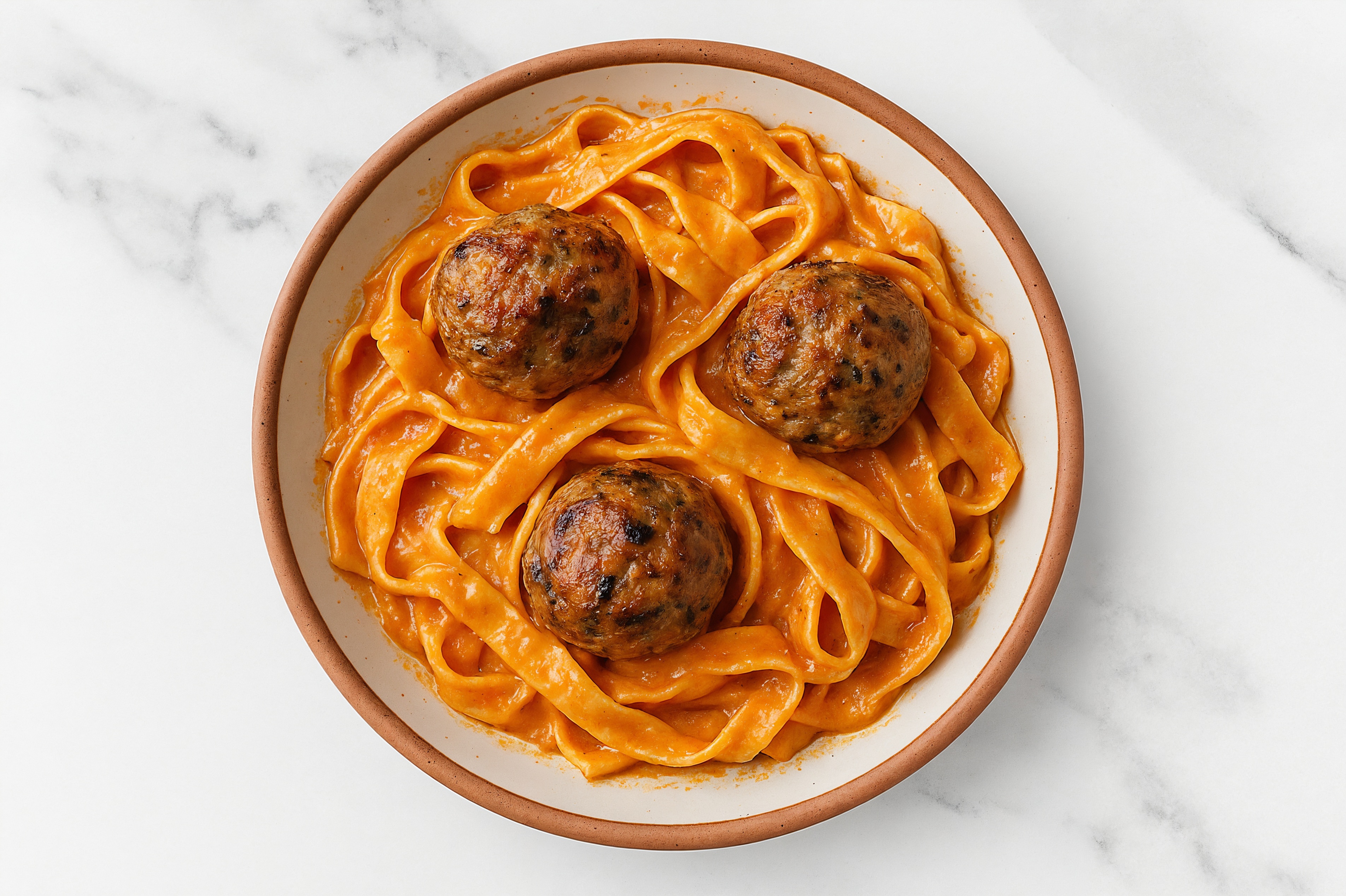 Vodka Sauce Egg Tagliatelle Pasta with Cooked + Seasoned Turkey Meatballs