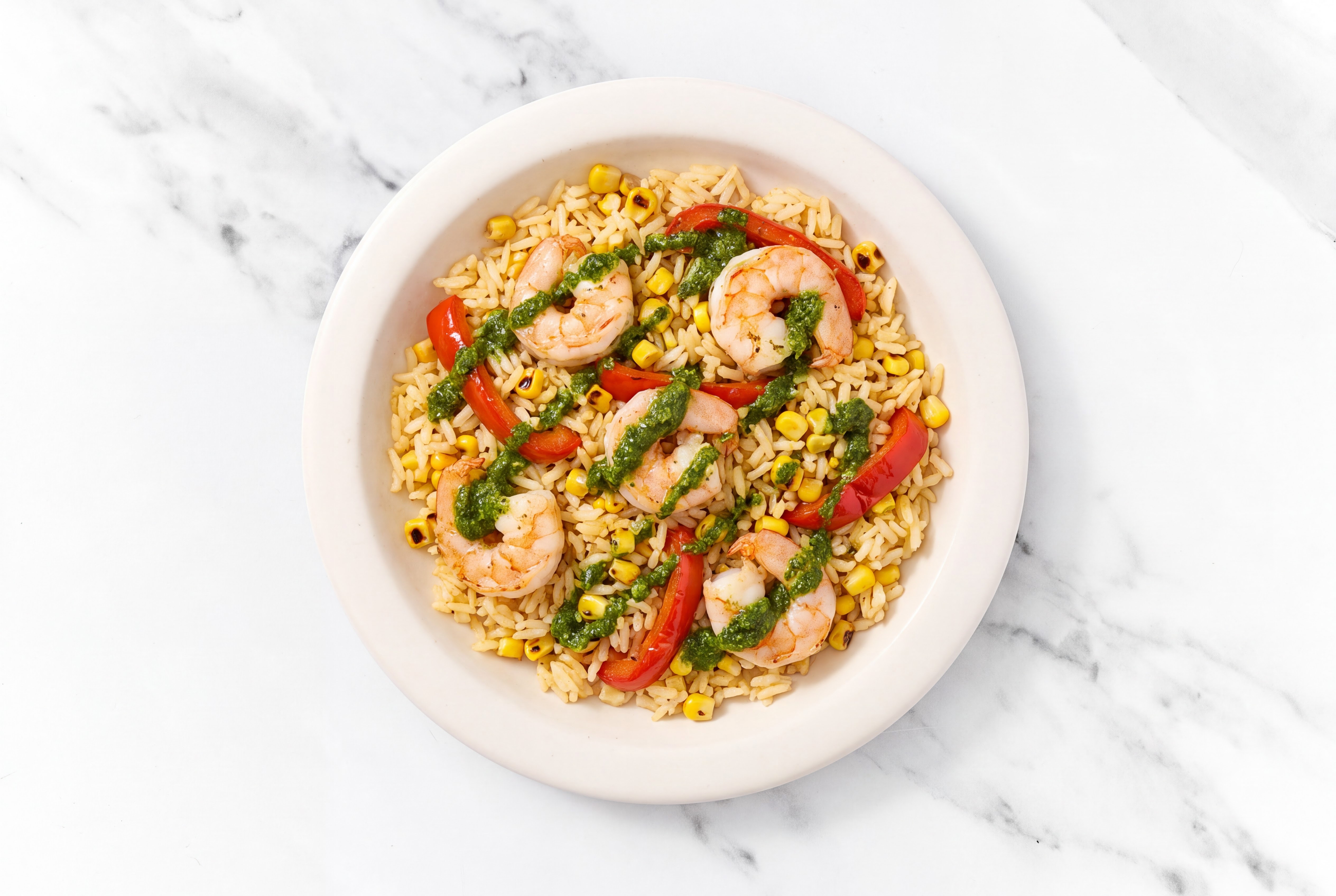 Herby Zhoug Jumbo Shrimp + Mexican Street Corn Rice Bowl with Red Bell Pepper