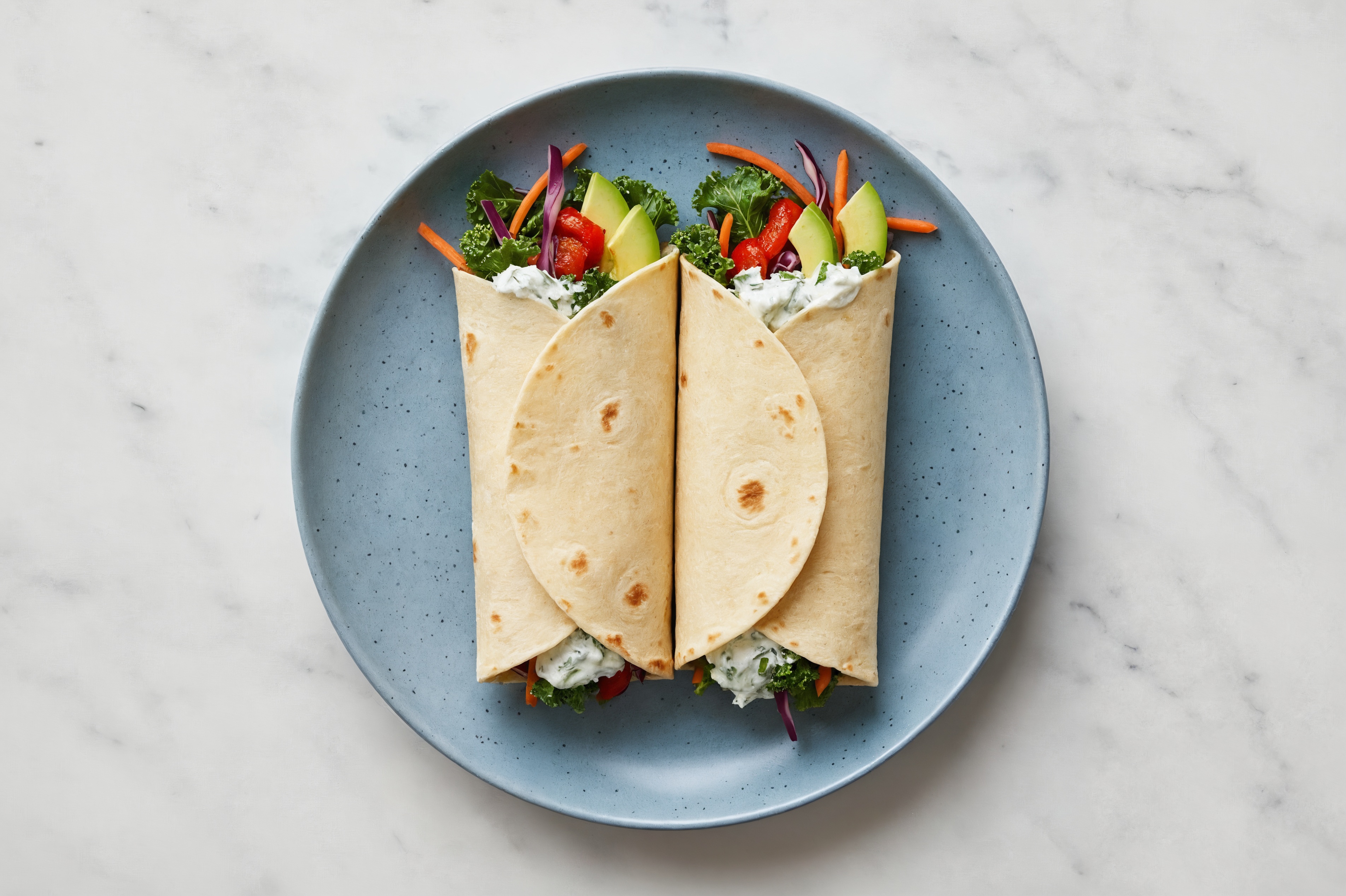 Creamy Avocado + Roasted Pepper Tortilla Wraps with Rainbow Veggies
