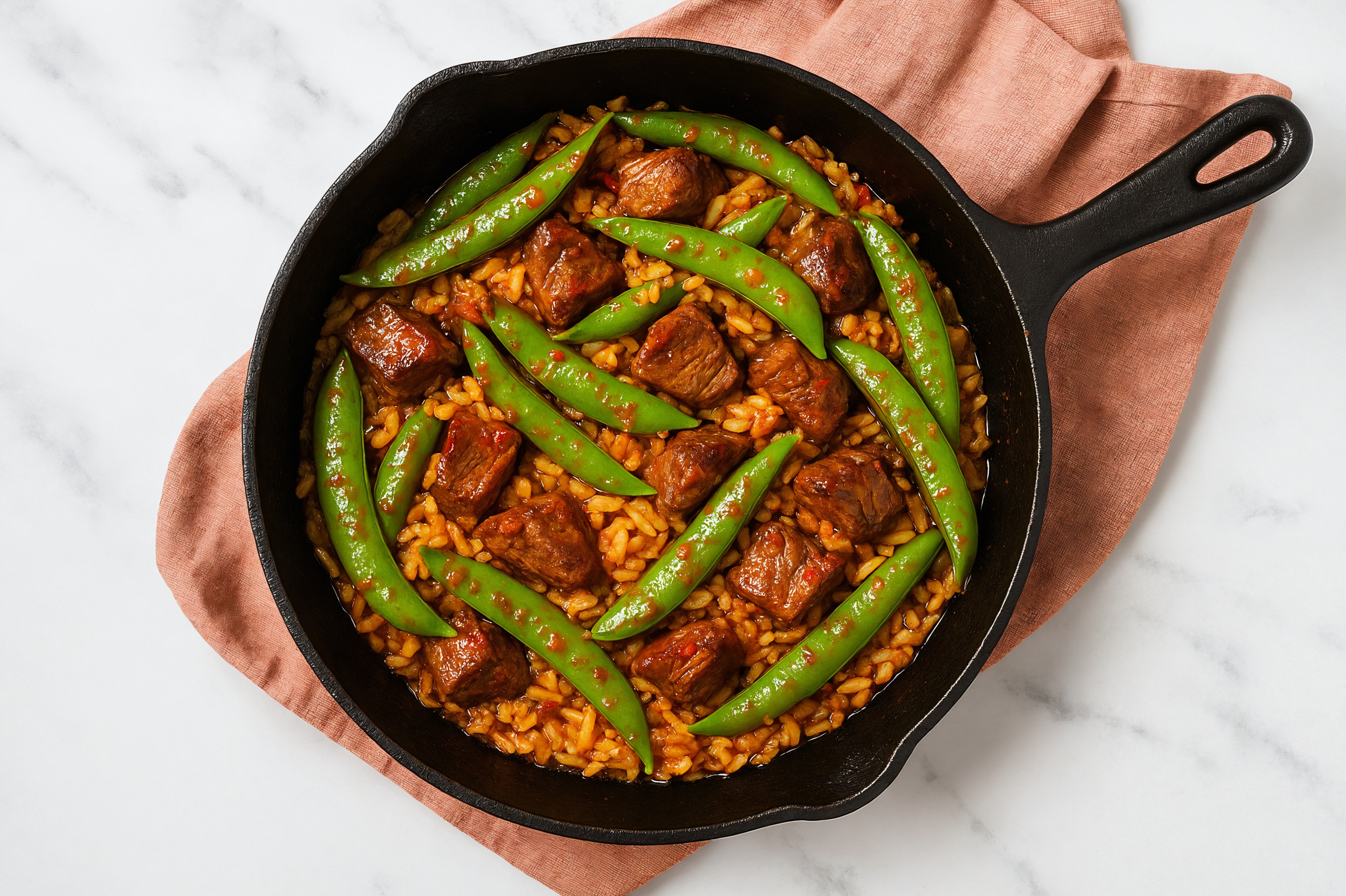 Sweet Chili Beef Sirloin Stir-Fry with Snap Peas over Jasmine Rice