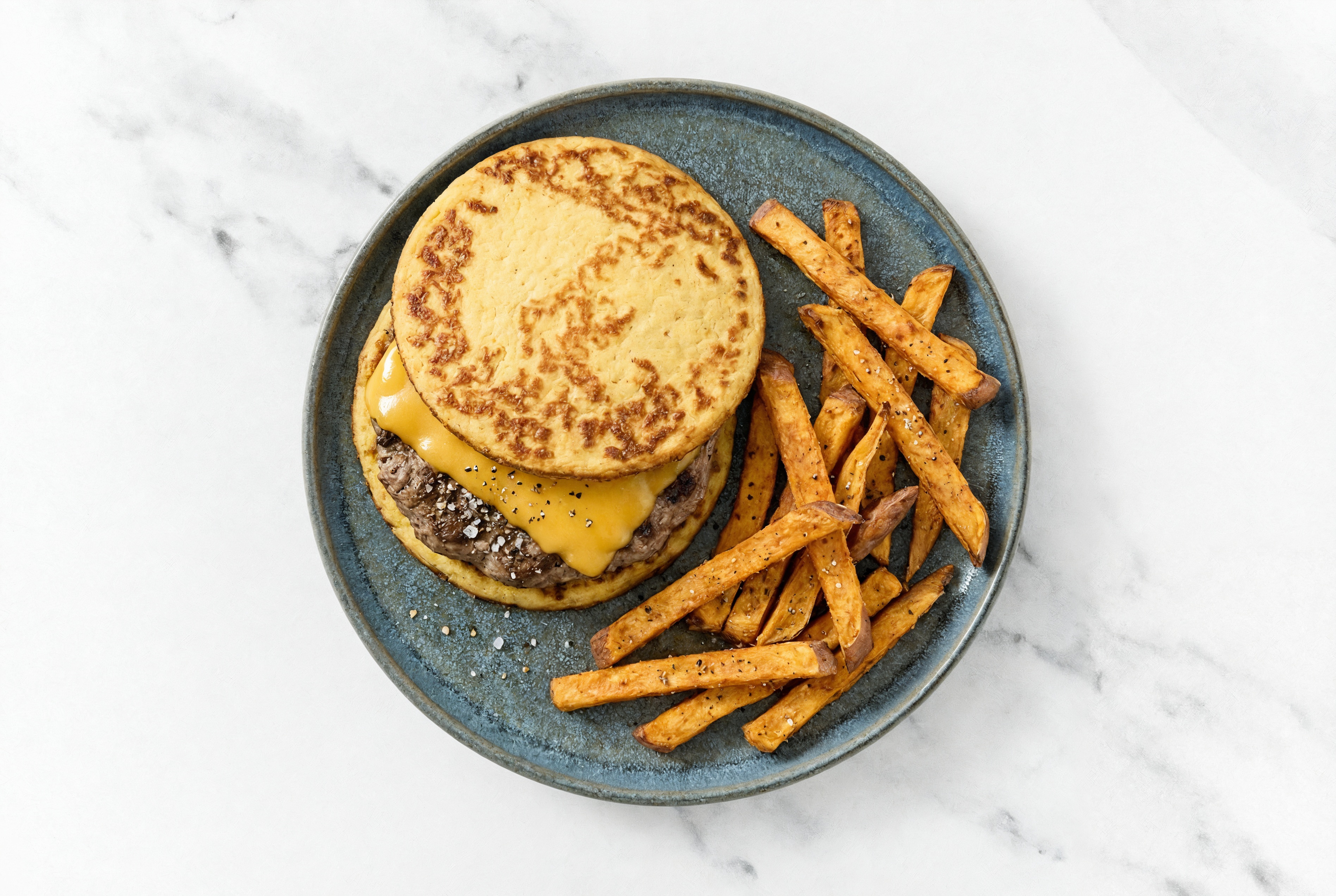 Grain-Free Cheeseburger + Japanese Sweet Potato Fries with Ground Beef Patties