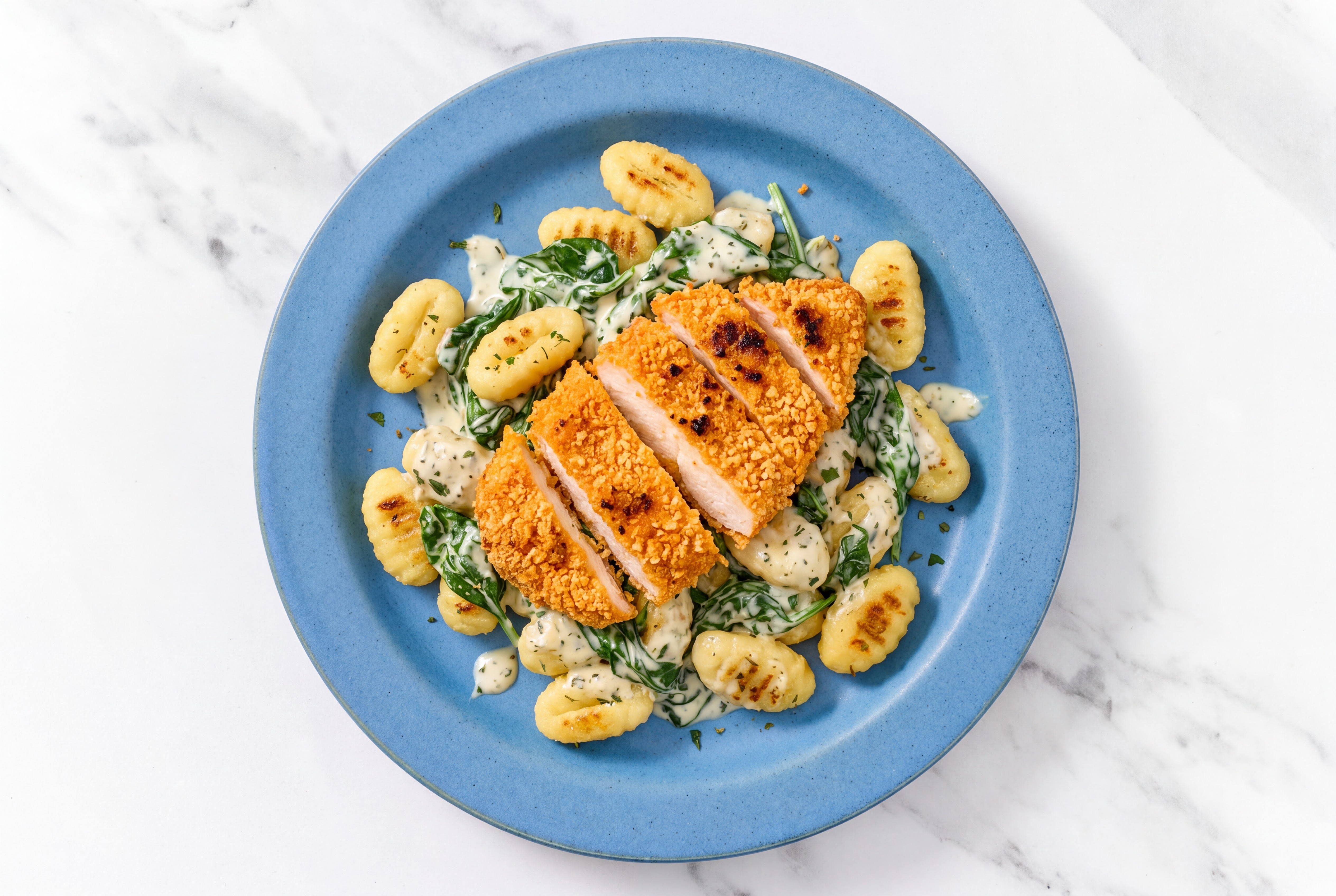 Crispy Hot Honey Chicken over Creamy Gnocchi with Baby Spinach