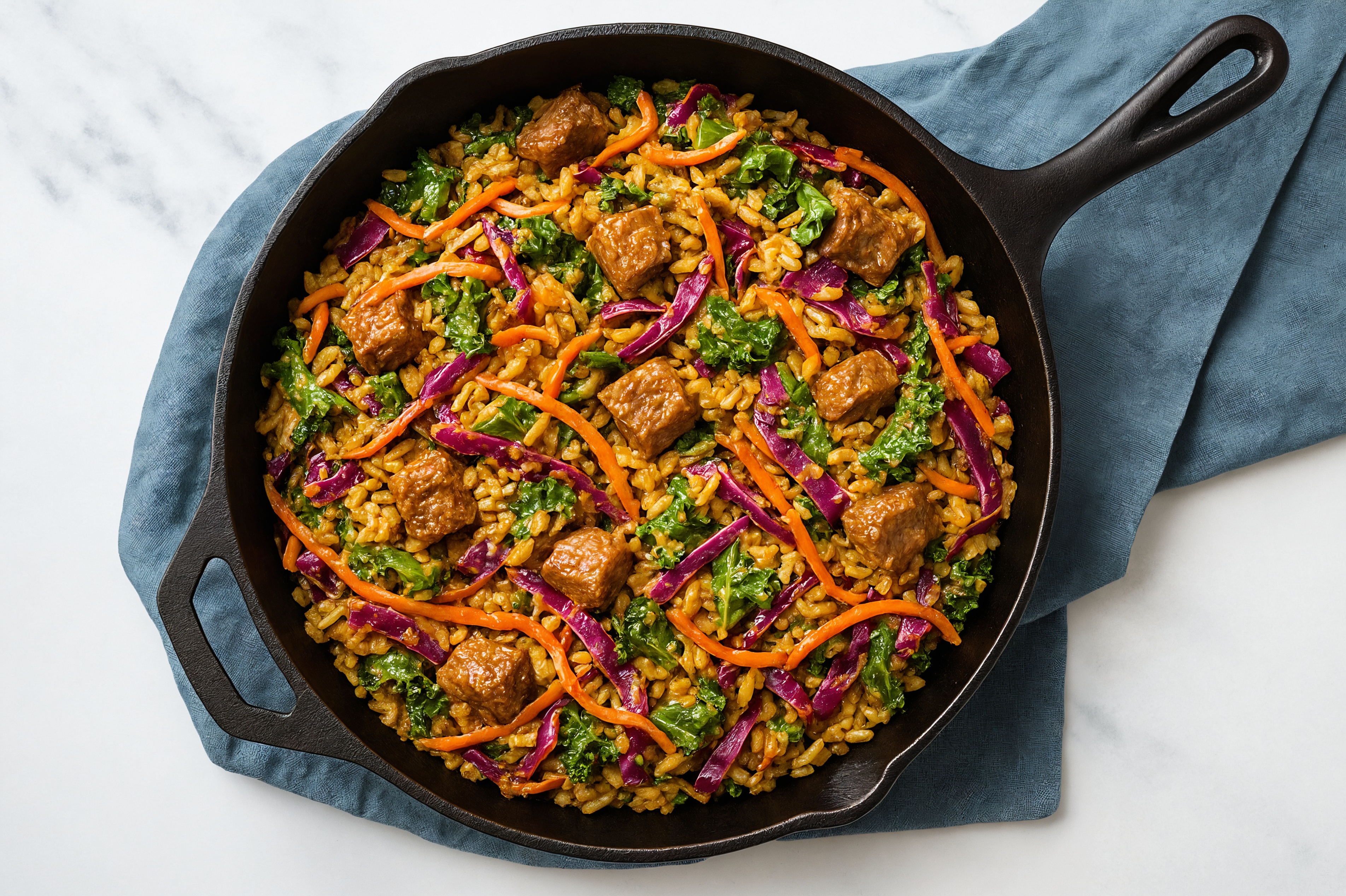 Thai Peanut Rainbow Veggie + Bison Stir-Fry with Seasoned Jasmine Rice
