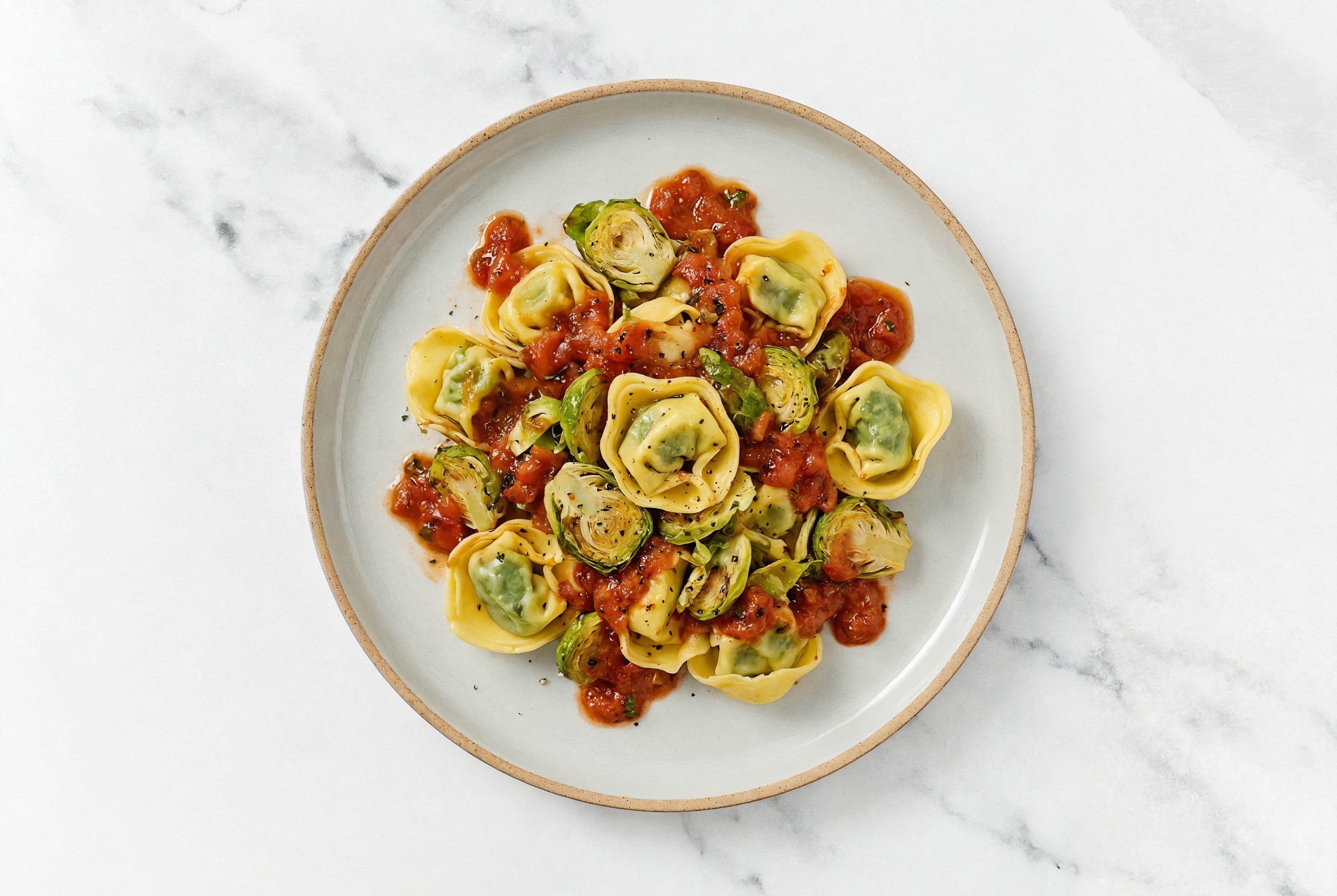 Cheese Tortellini Marinara + Brussels