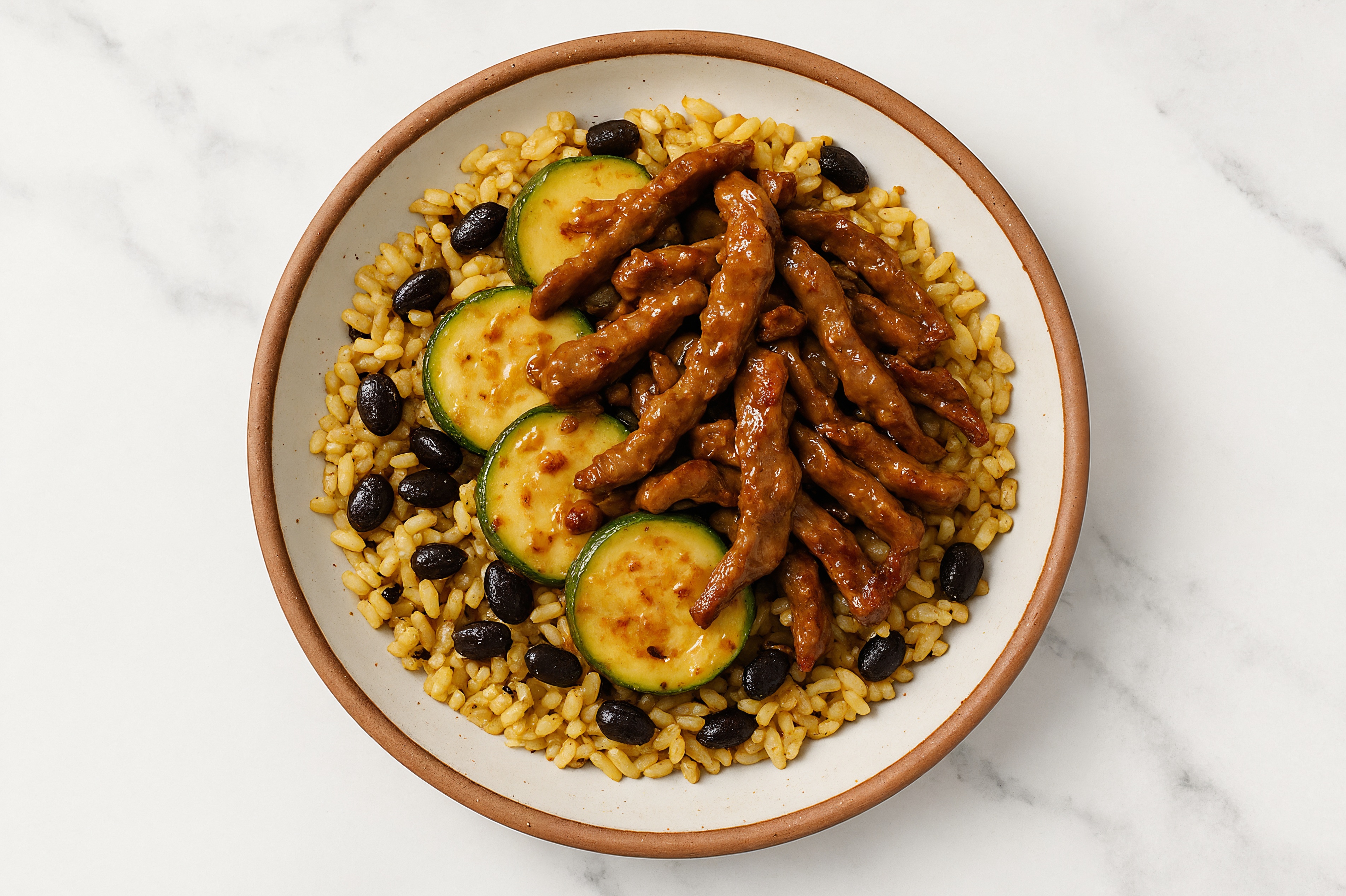 Thai Peanut Beef + Zucchini Rice with Beans Bowl