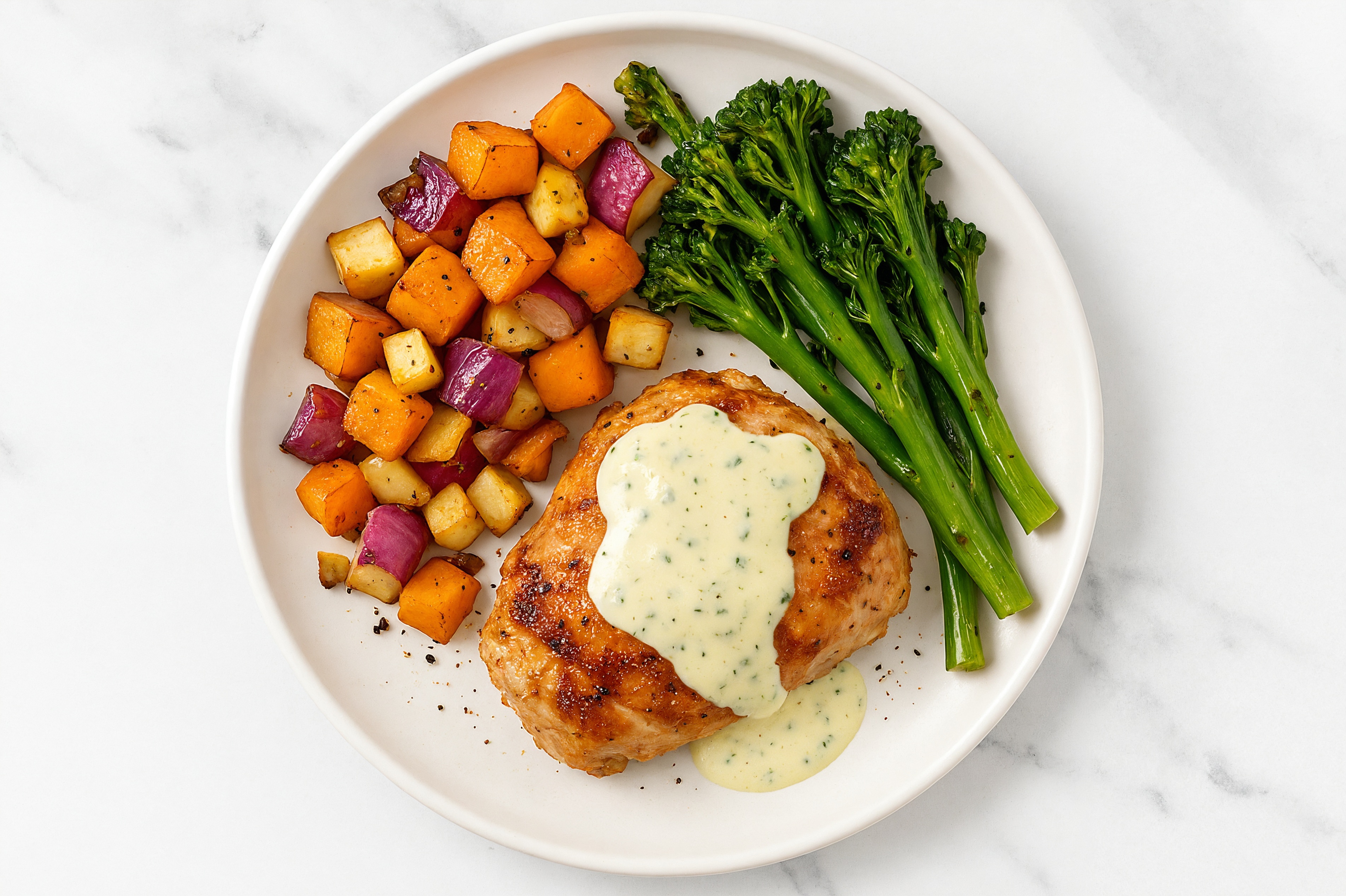 Creamy Herb Smothered Chicken Thighs with Baby Broccoli & Roasted Vegetables