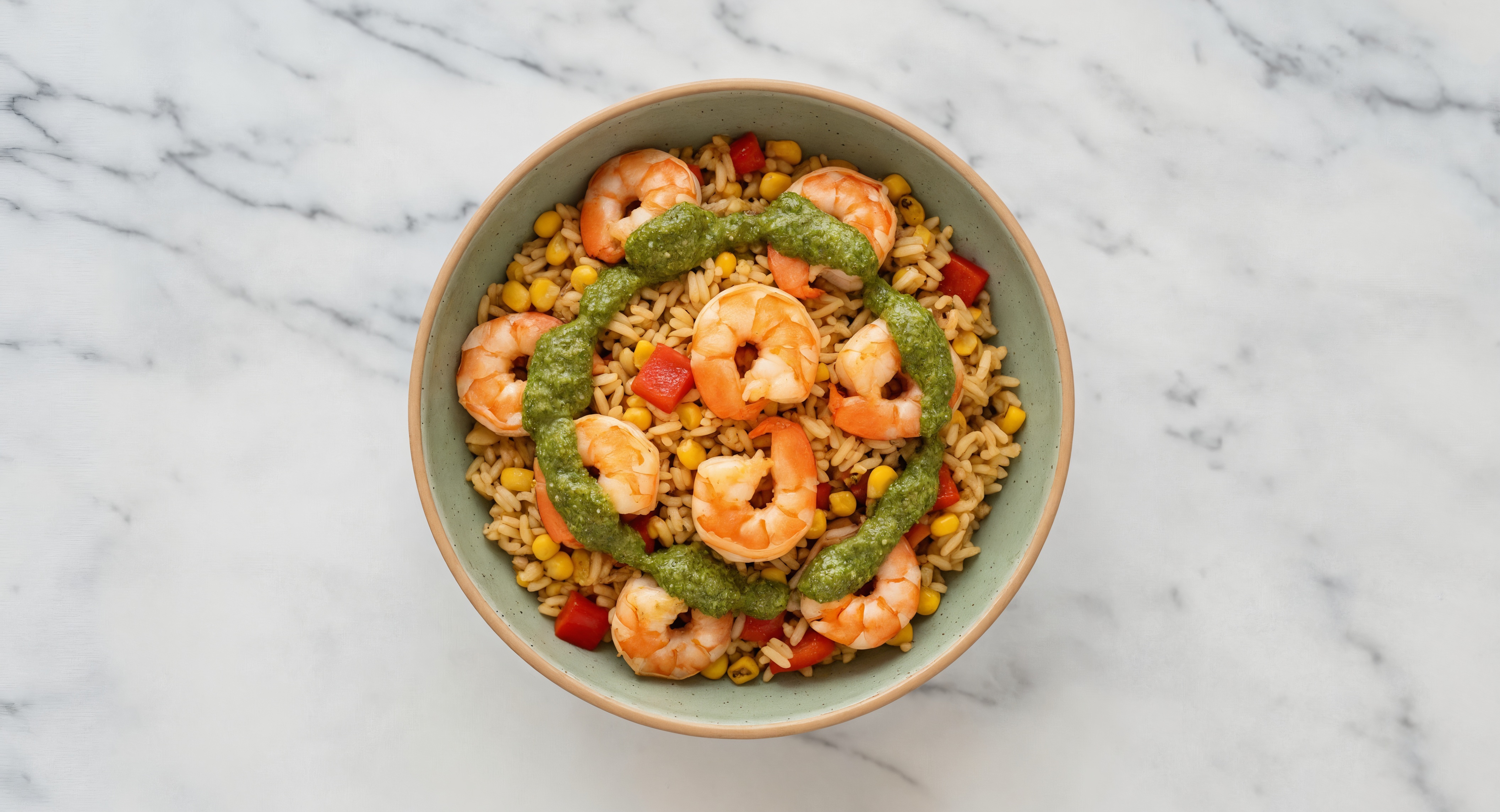 Chimichurri Jumbo Shrimp + Mexican Street Corn Rice Bowl with Red Bell Pepper