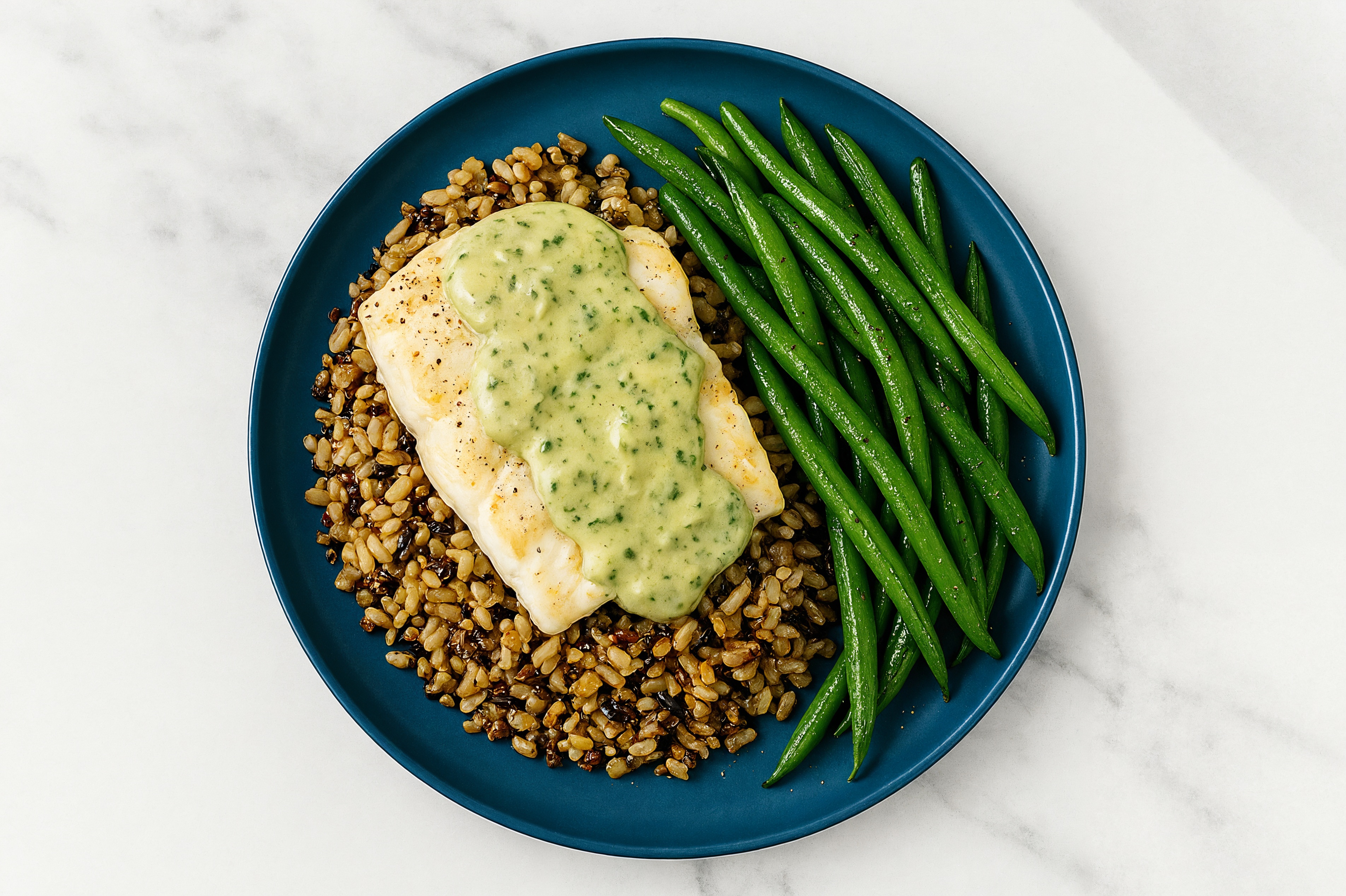 Albacore Halibut & Green Bean Grain Bowl with Spinach Artichoke