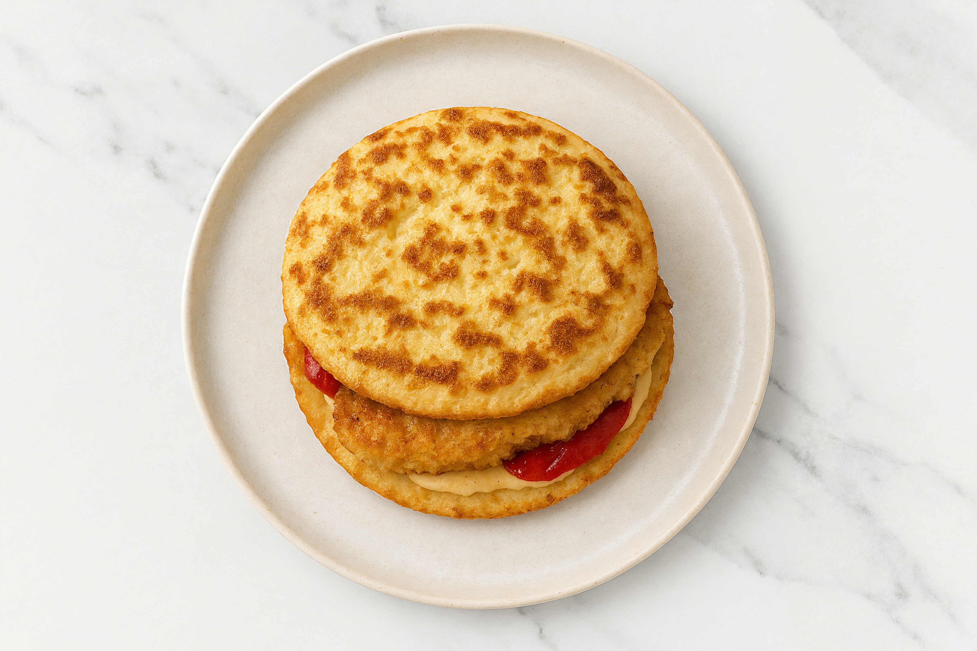Creamy Horseradish "Chicken" Tenders Sandwich with Roasted Peppers on Cauliflower Rounds